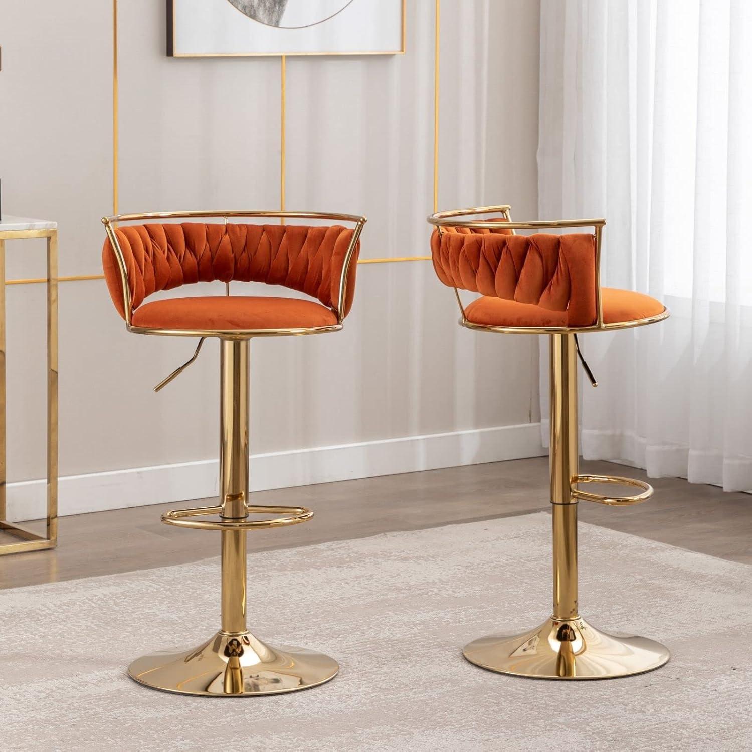 Gold and Orange Adjustable Swivel Velvet Bar Stools, Set of 2