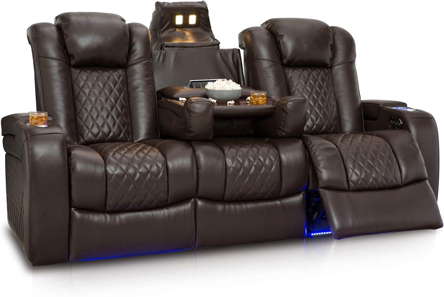 Brown Leather Reclining Sectional Sofa with Cup Holders and USB Charging