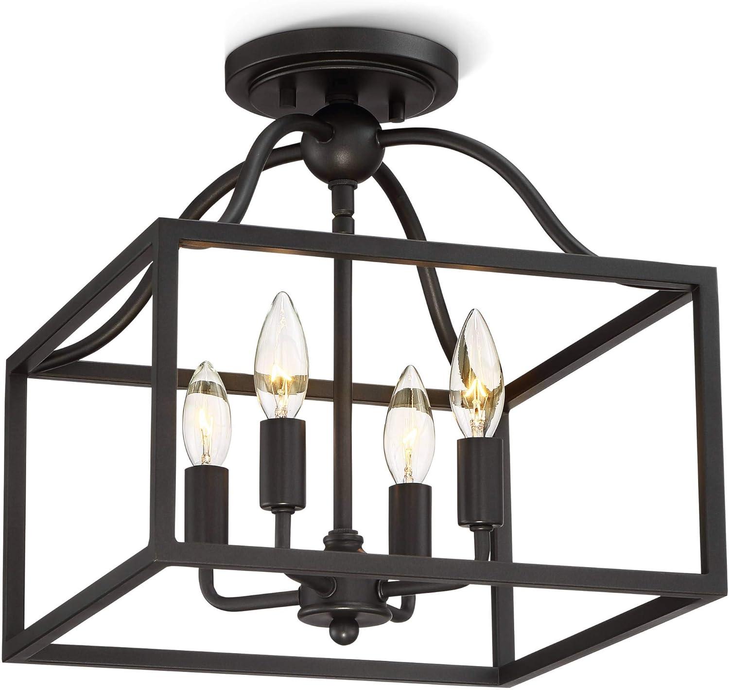 Franklin Iron Works Elle Rustic Industrial Ceiling Light Semi Flush Mount Fixture 13" Wide Black 4-Light Square Cage for Bedroom Living Room Kitchen