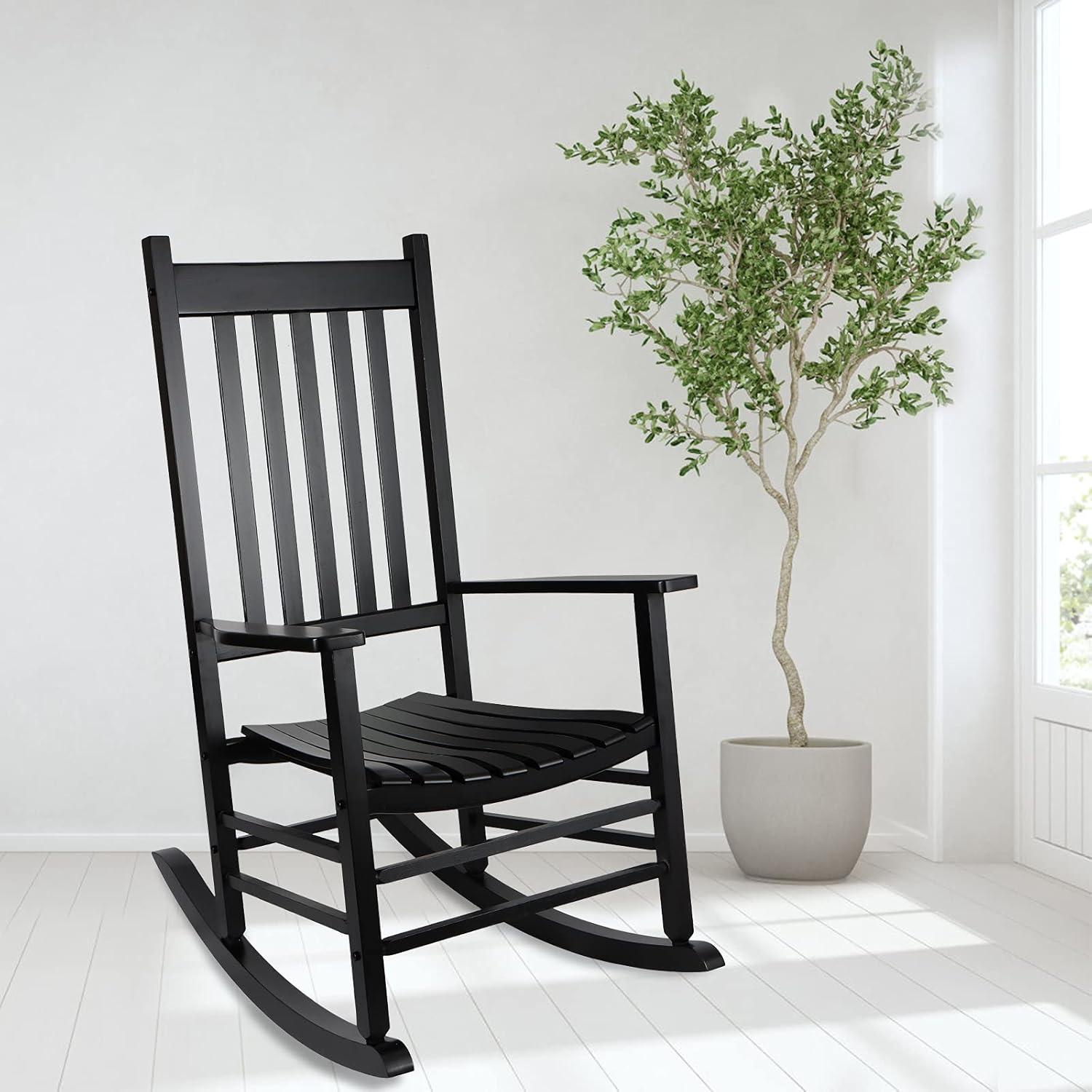 Black Solid Wood Porch Rocking Chair with Armrests