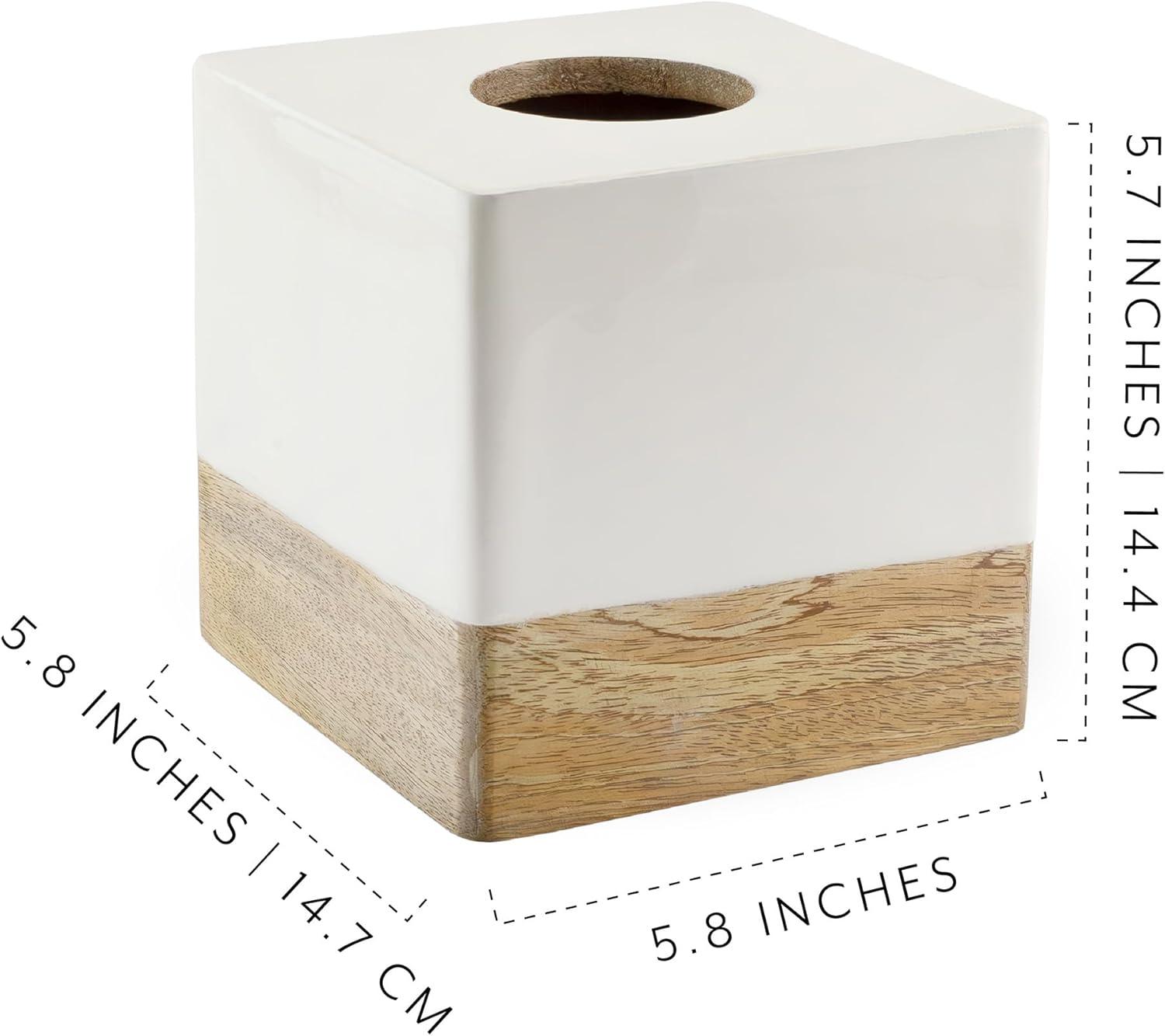 AuldHome Design Tissue Box Cover (Enamel/Mango Wood); Minimalist Scandinavian Decor White Tissue Holder