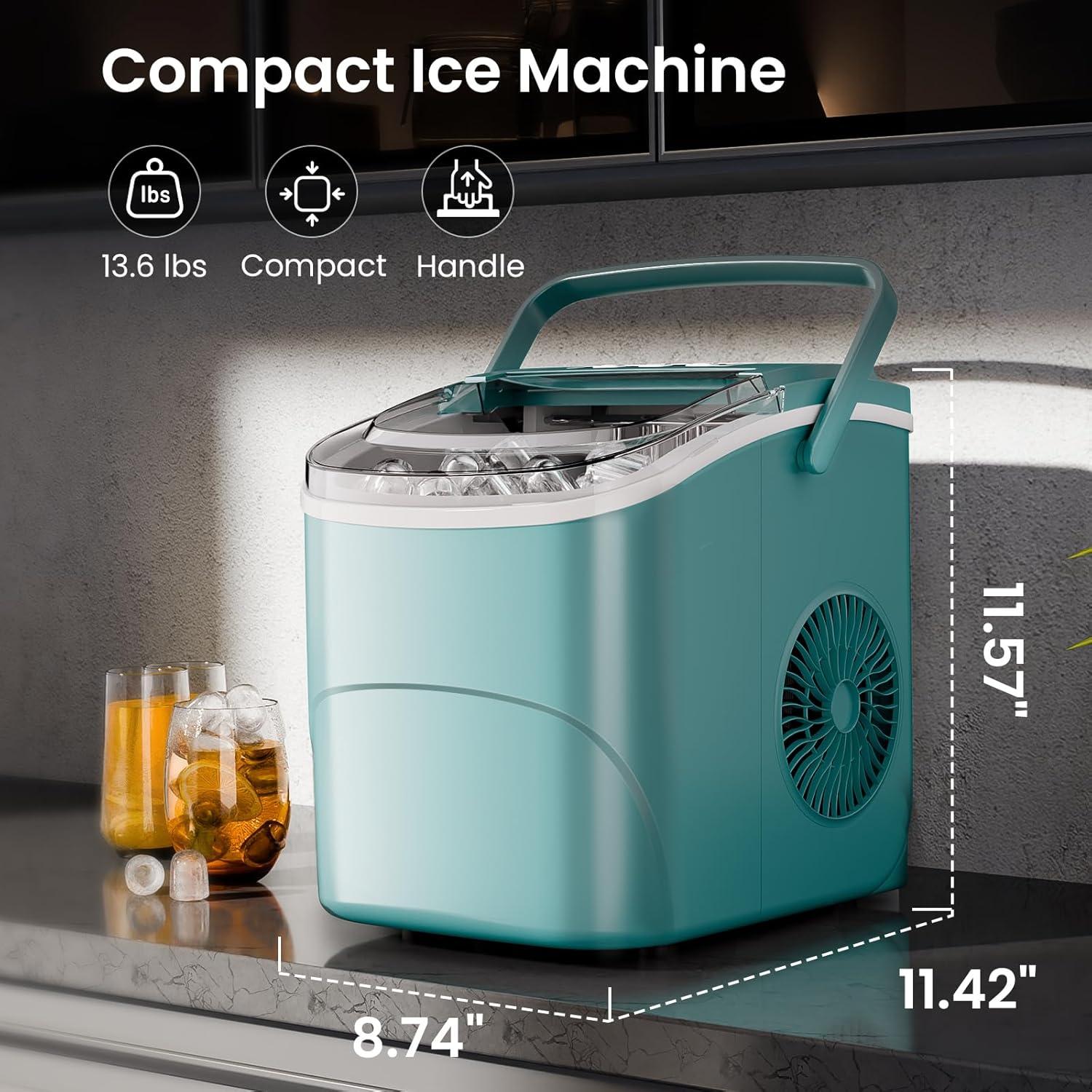 R.W.FLAME Ice Makers Countertop with Handle,26.5Lbs/24H,9 Cubes in 6 Mins,2 Sizes of Bullet Ice,Portable Ice Maker Machine with Self-Cleaning, green