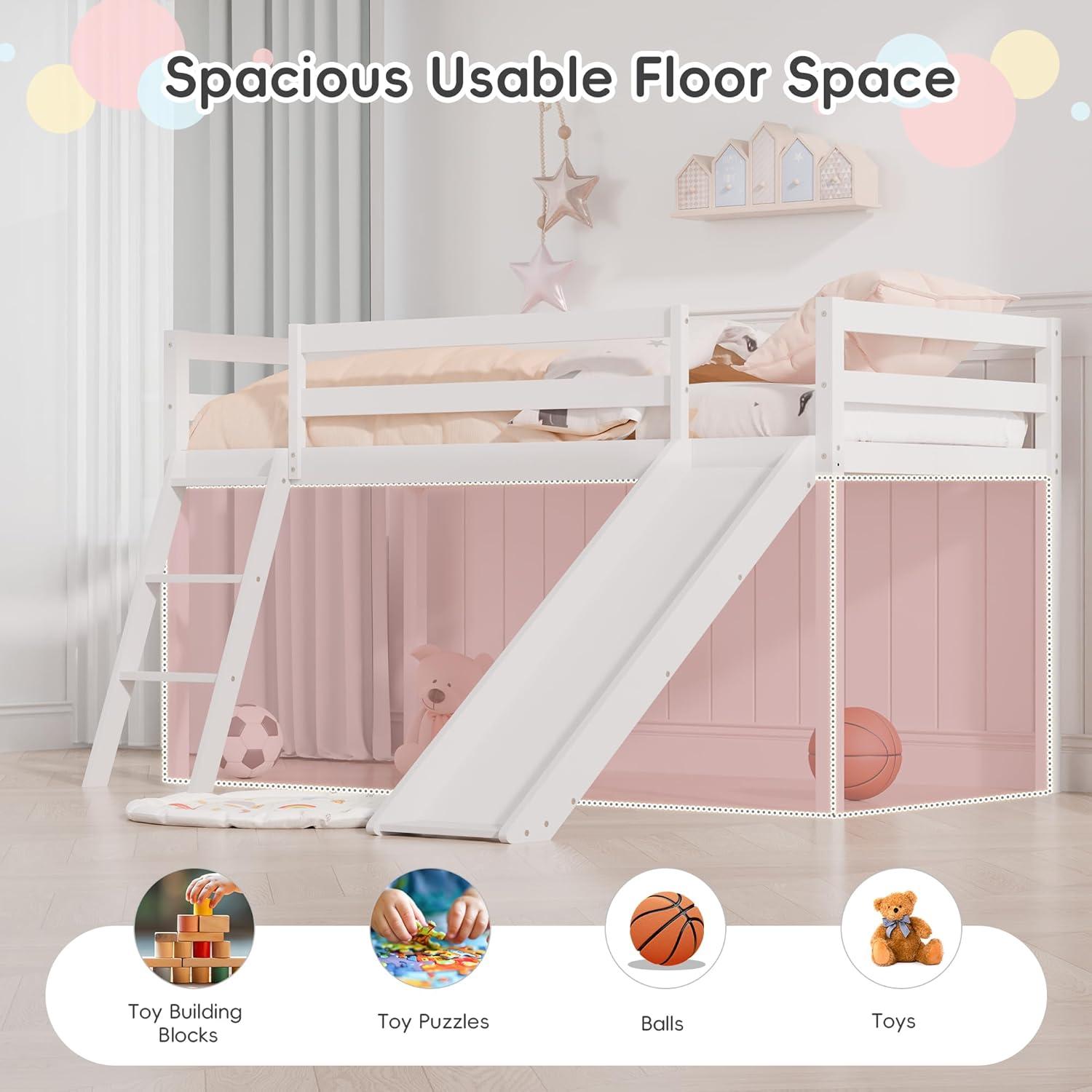 Harper & Bright Designs Kids Loft Bed with Slide,Twin Size Low Loft Beds for Girls Boys Solid Pine Wood Toddler Loft Bed with Ladder and Guard Rails,White