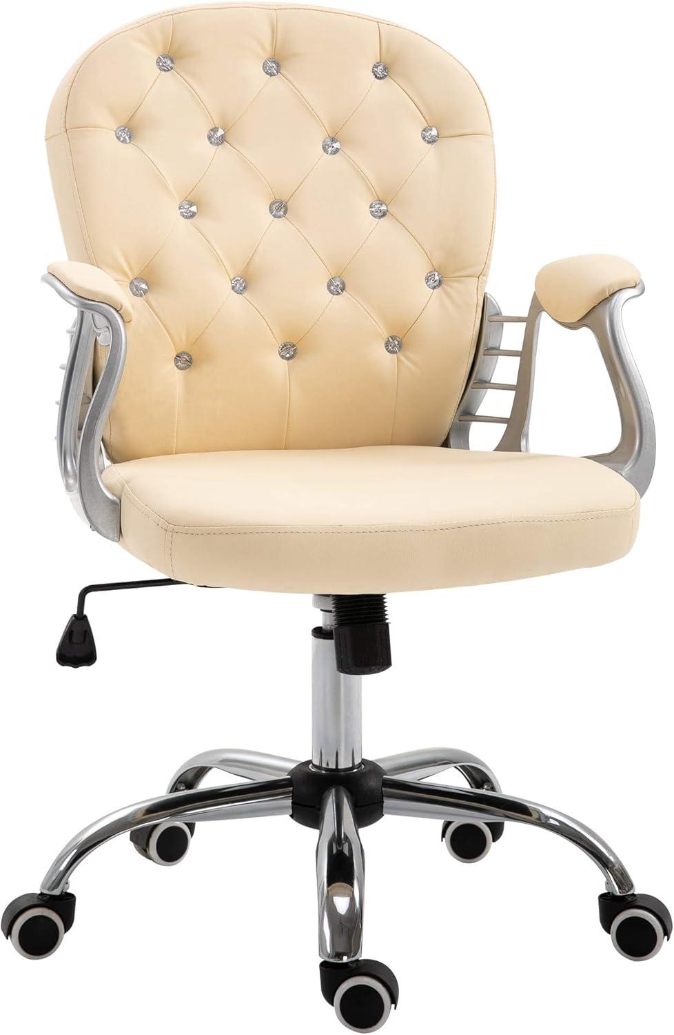 Beige Tufted Leather Swivel Executive Office Chair