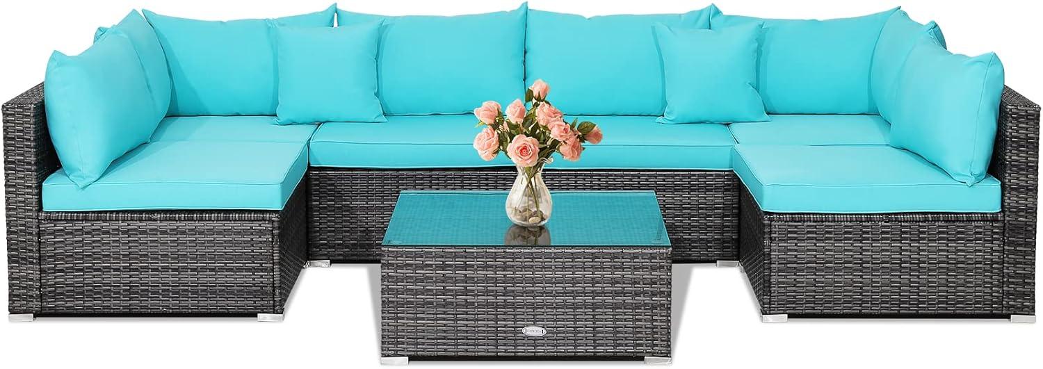 Costway 7PCS Patio Rattan Furniture Set Sectional Sofa Cushioned Turquoise