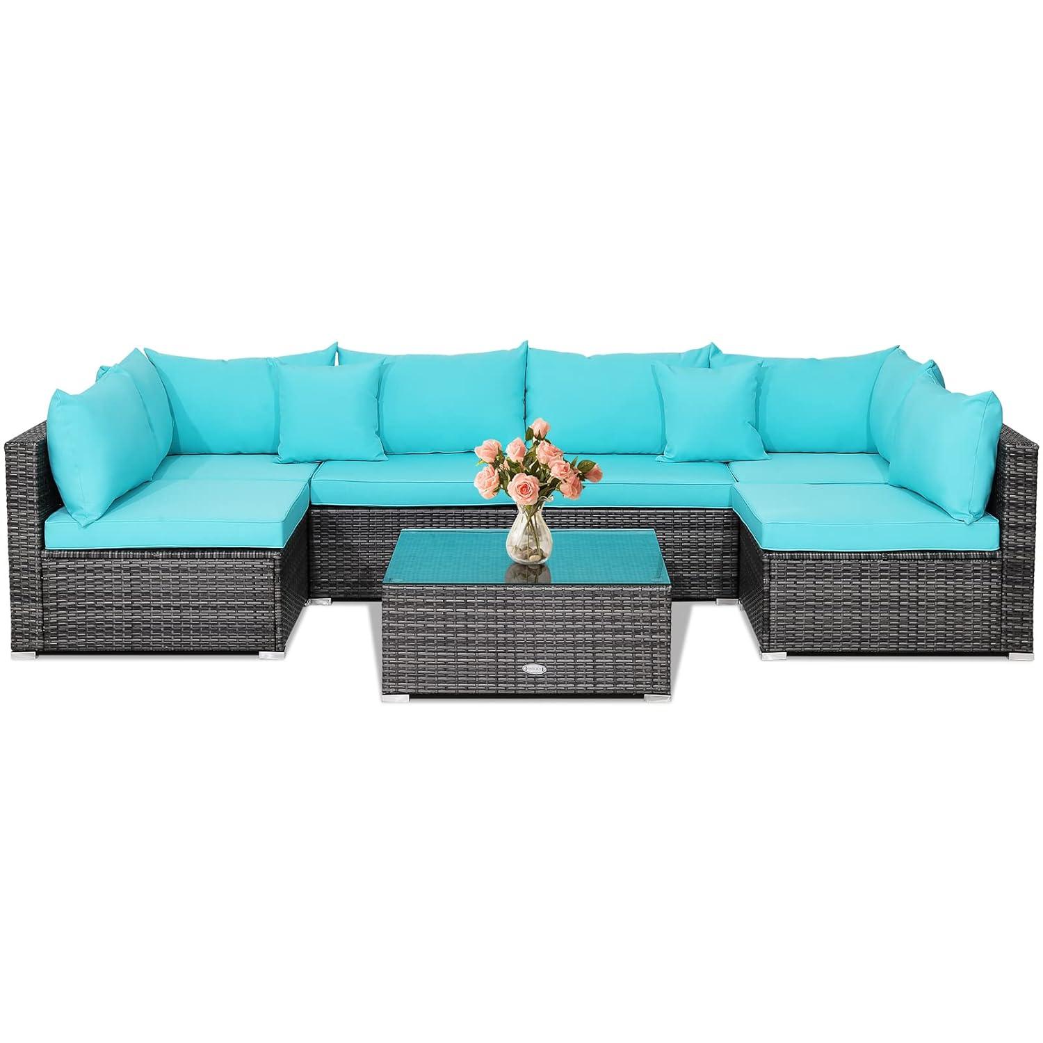 Costway 7PCS Patio Rattan Furniture Set Sectional Sofa Cushioned Turquoise