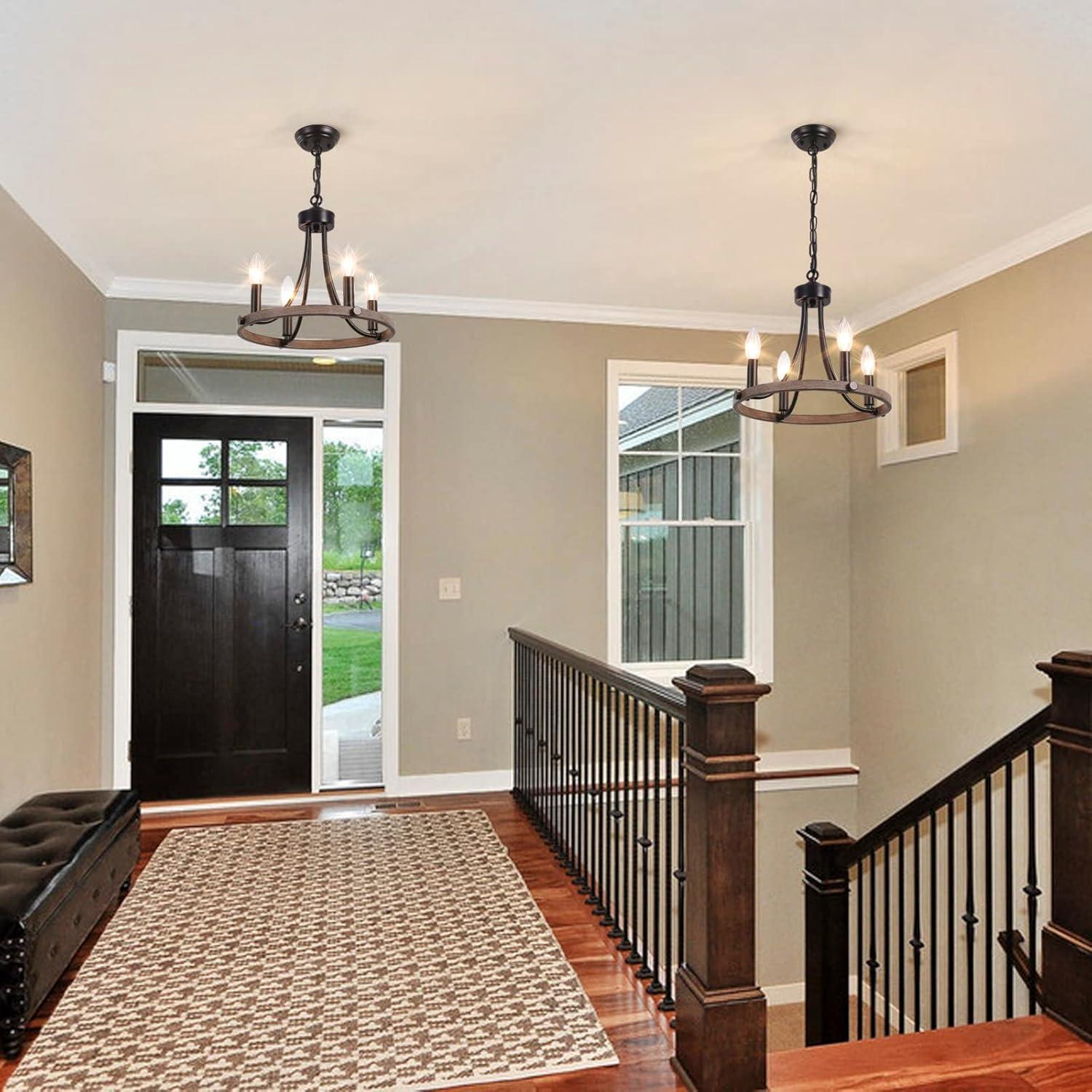 4-Light Black Modern Adjustable Height Light Fixture Wagon Wheel Chandelier