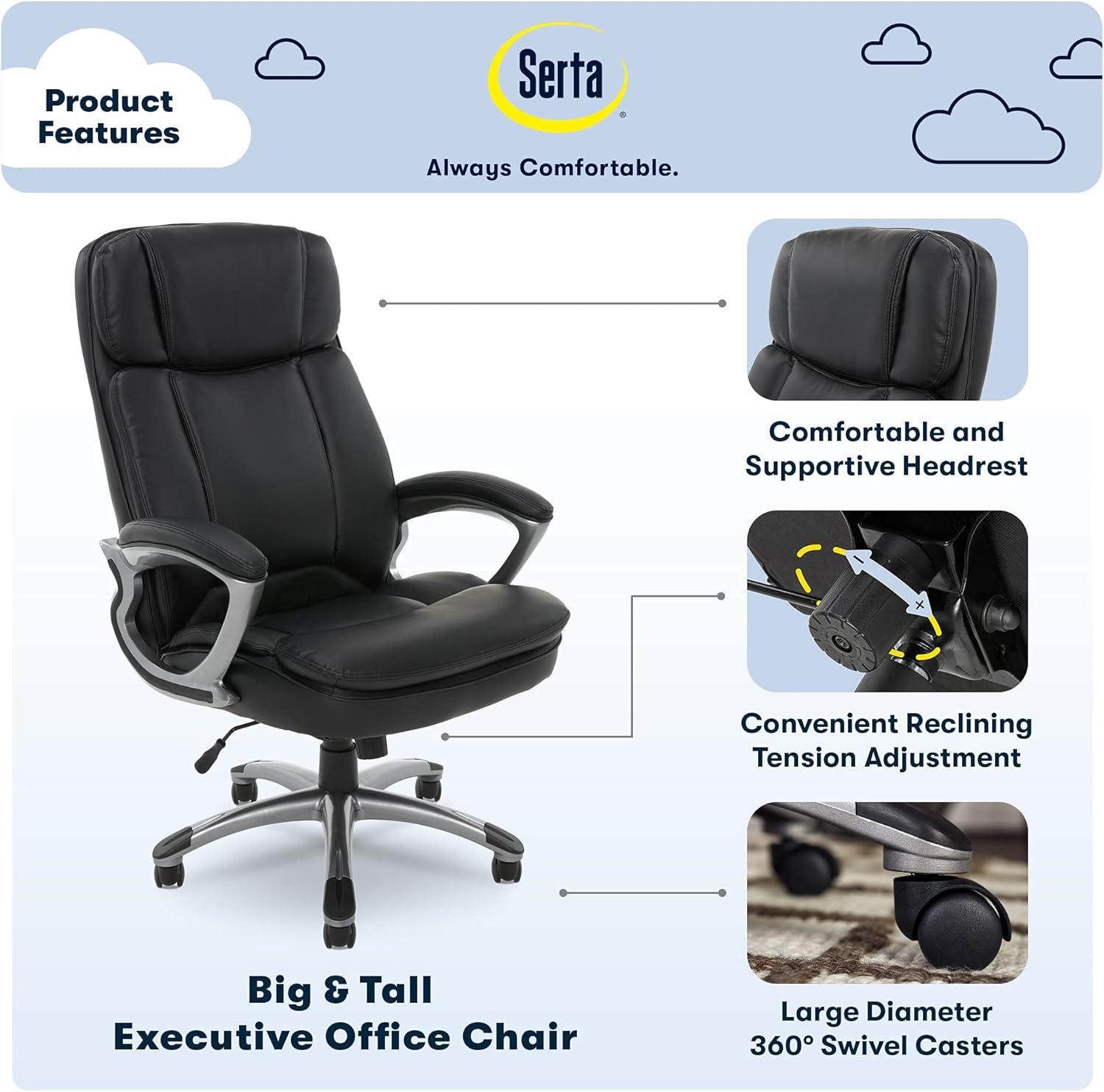 Serta Fairbanks Big and Tall High Back Executive Office and Gaming Chair with Layered Body Pillows