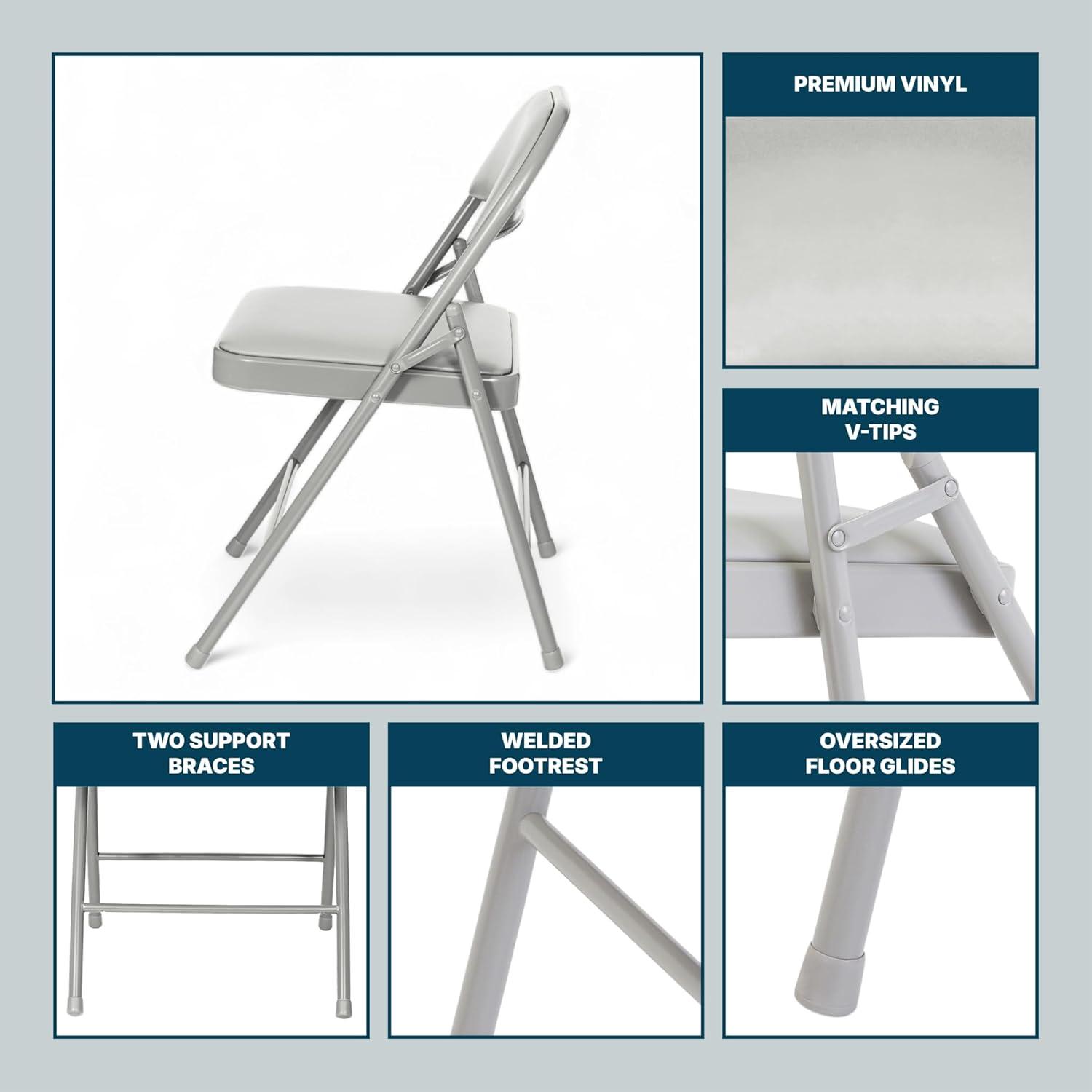 Folding Chairs with Padded Cushion and Back, 4pcs Potable Iron & PVC Durable Chairs for Indoor and Outdoor, School, Office and Garden Party, Gray