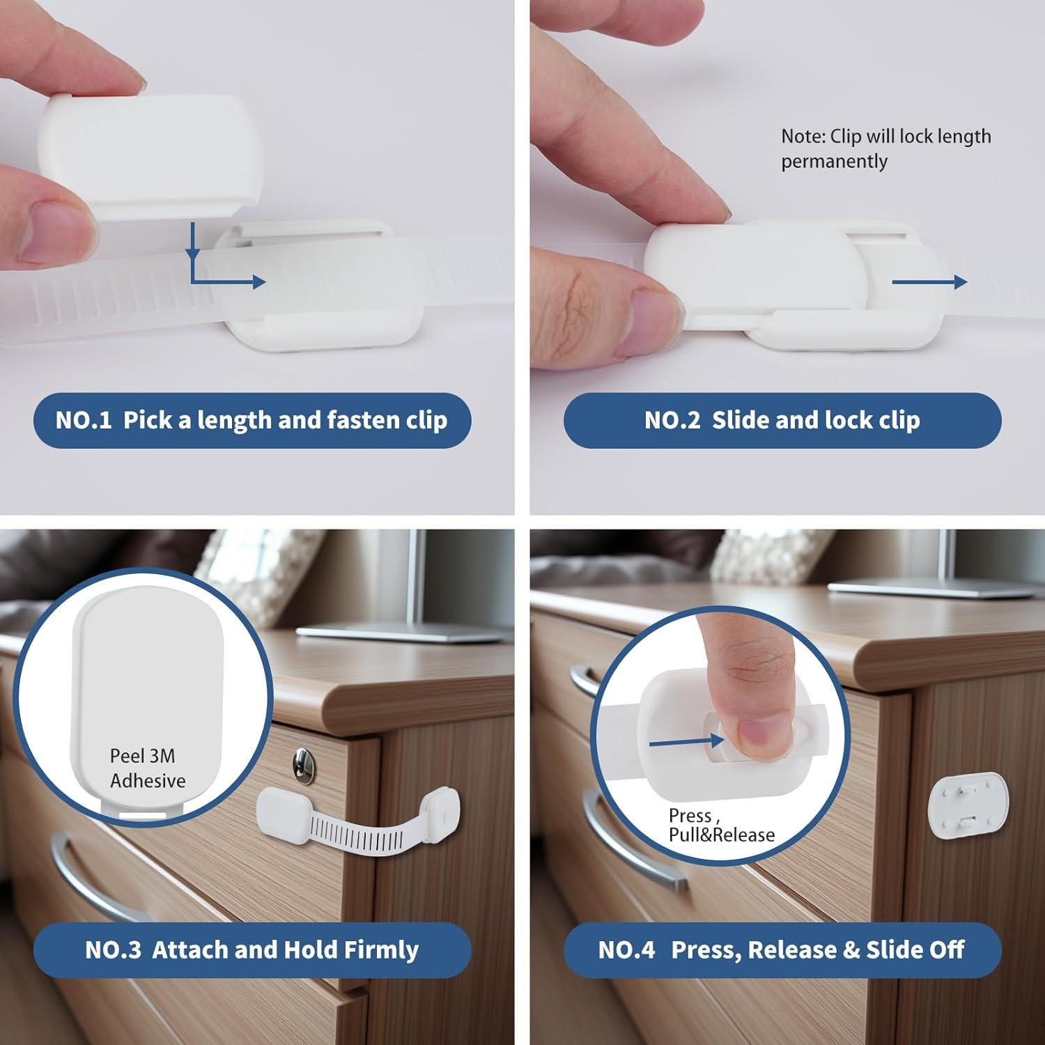 White Adjustable Child Safety Cabinet and Drawer Strap Locks