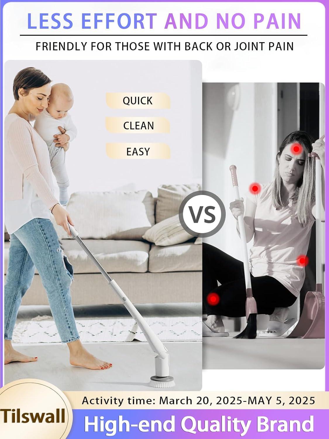 Tilswall Cordless Electric Spin Scrubber - IPX7 Waterproof Cleaning Brush with 180Min Runtime & 43" Extendable Handle, Ideal Gift for Home/Bathroom/Car (Includes 4 Brush Heads)