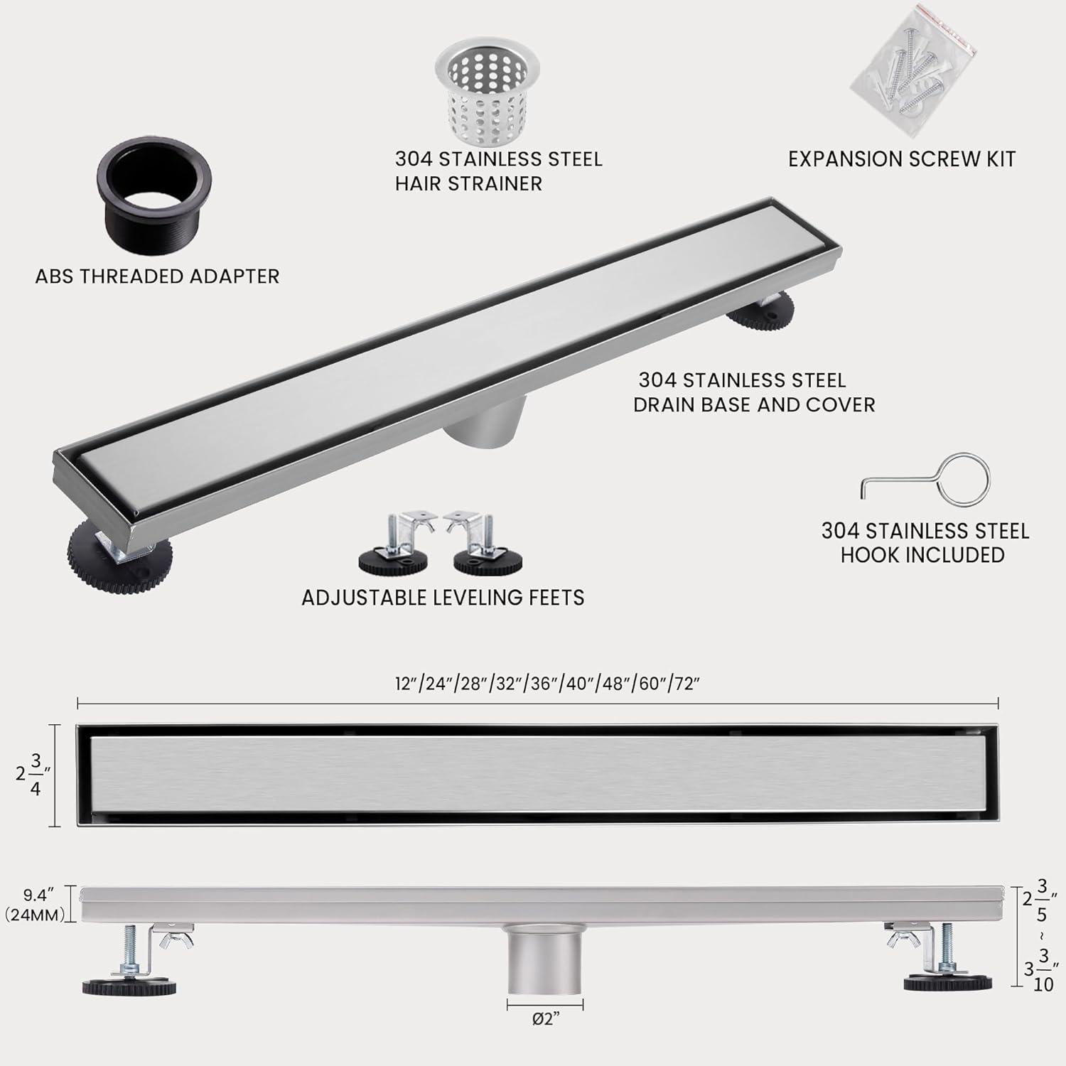 BRÜUN Shower Drain with Removable Square Hole Panel- A (24-inch) 304 Stainless Steel Long Channel Brushed Finish Linear Bathroom Floor Drain Include Hair Strainer and Leveling Feet for Water Waste