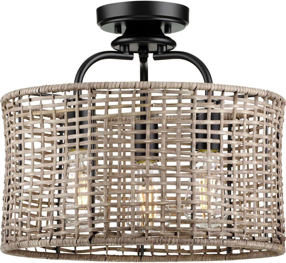 Matte Black and Rattan 3-Light Semi-Flush Mount Ceiling Light