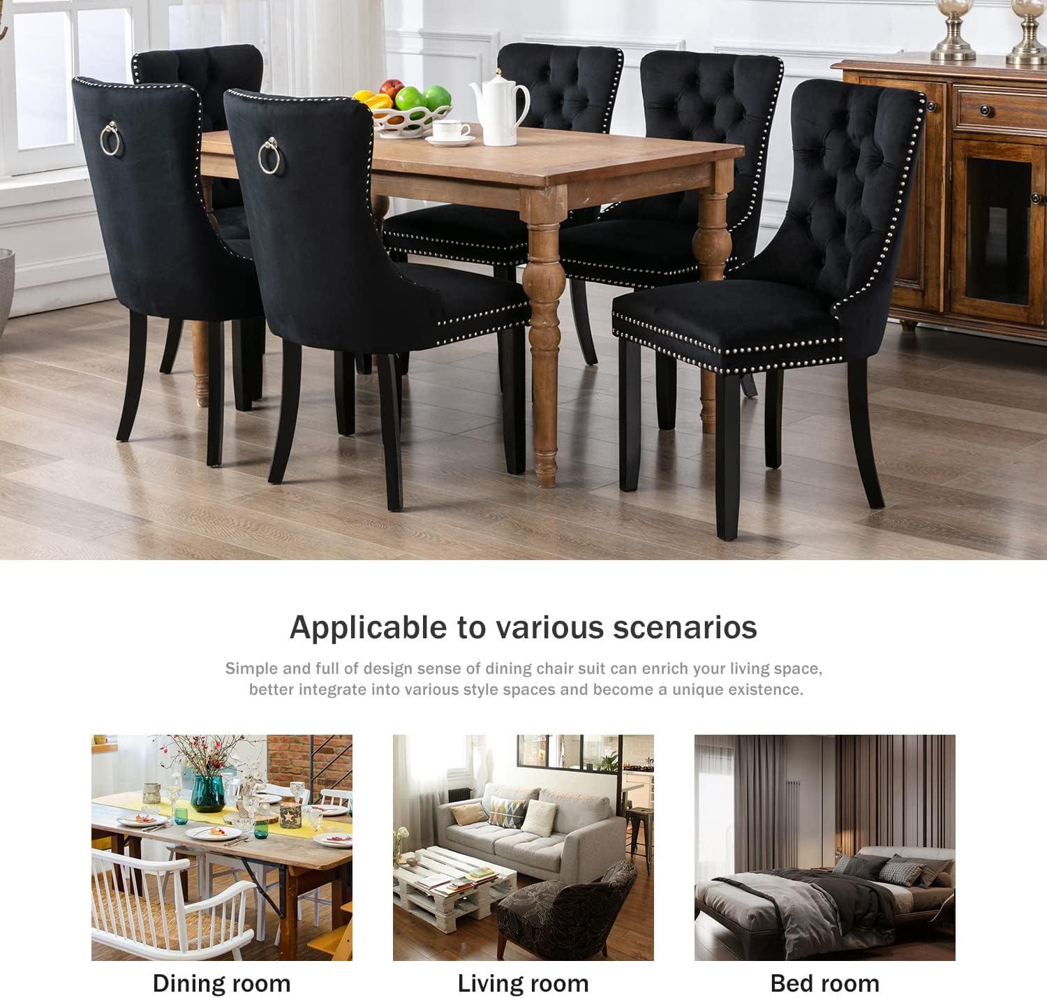 ODUSE-DAILY Black Velvet Dining Chairs Set of 4, Kitchen & Dining Room Chairs, Sillas De Comedor, Nailheads Tufted, Velvet Upholstered, Solid Wood (Black, 4 Pcs)