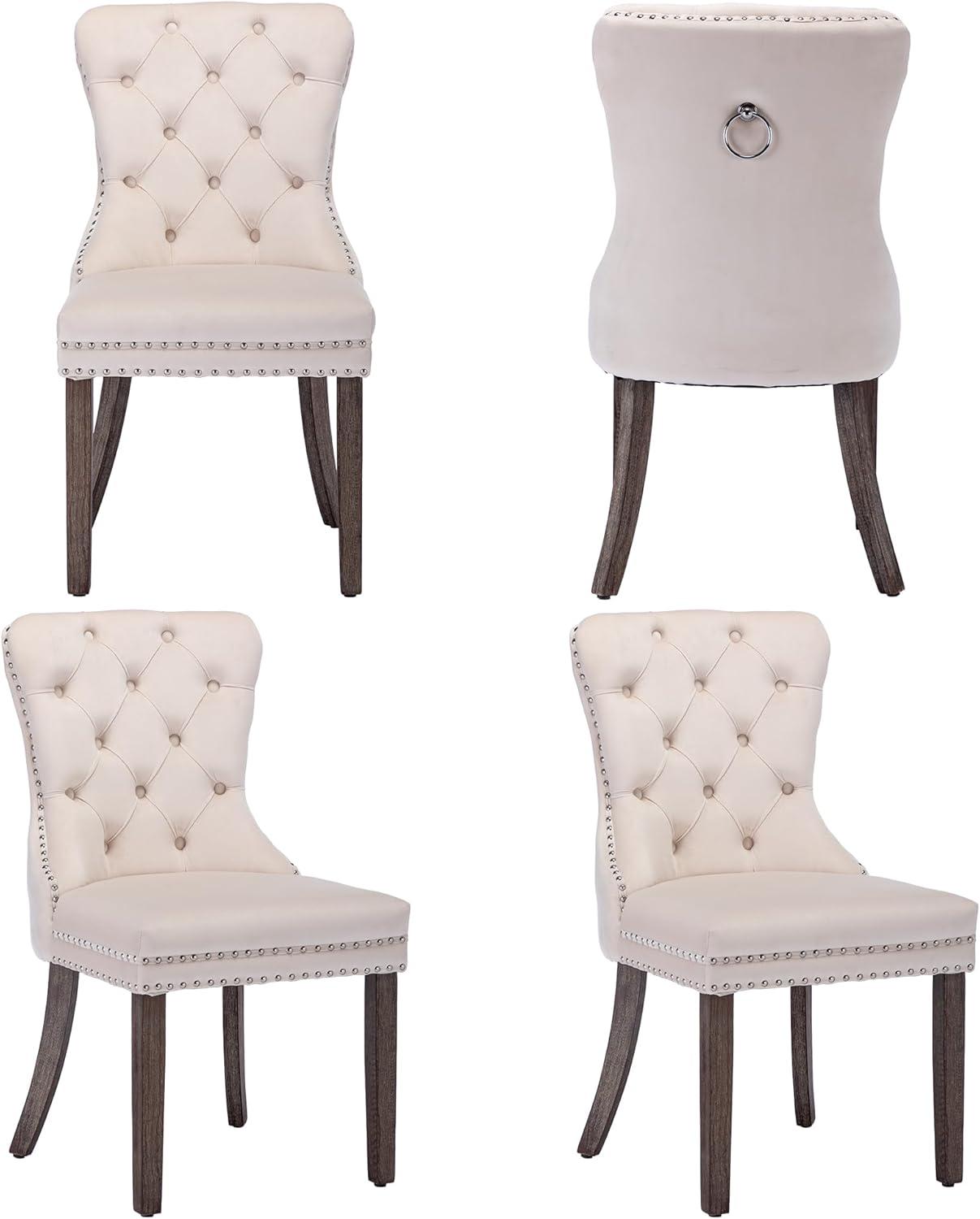 Beige Velvet Upholstered Dining Chairs with Wood Legs, Set of 4