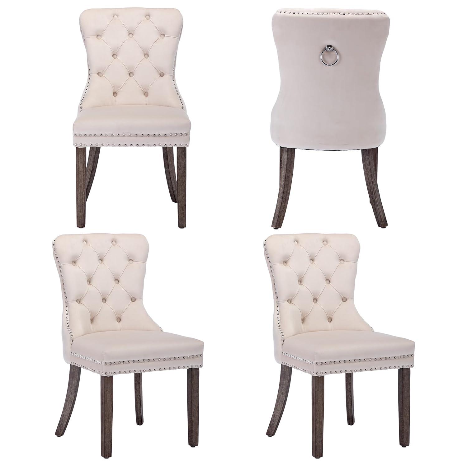SoarFlash Velvet Dining Chairs Set of 4, Tall Back Side Chair, Modern Upholstered High-end Tufted Side Chair with Button Back Ring, Solid Wood Legs (Beige)