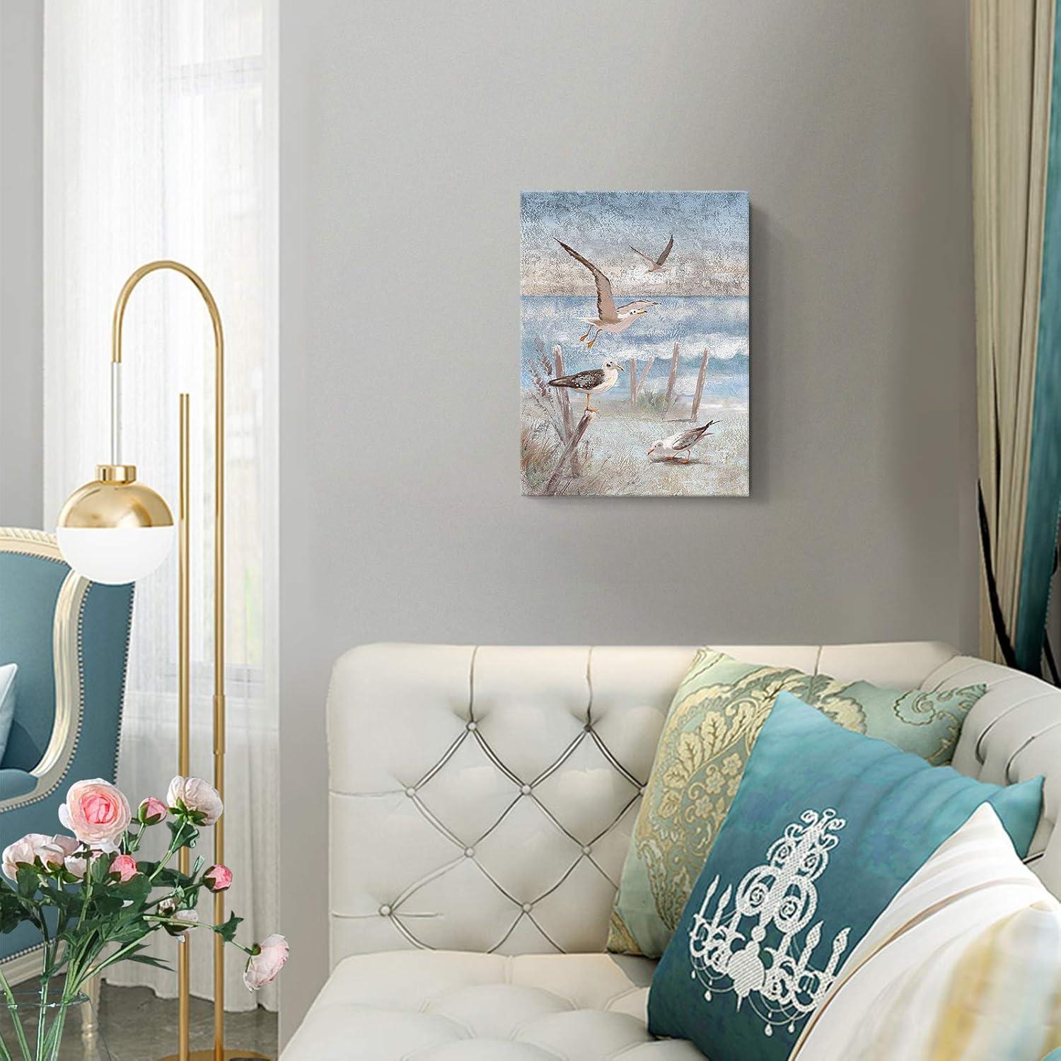 ARTZON Beach Wall Art Bathroom Decor Ocean Theme Canvas Print Coastal Painting Perching Bird by The Sea Shore Abstract Seascape Picture Framed Artwork for Bedroom Living Room Office Ready to Hang 12x16inch