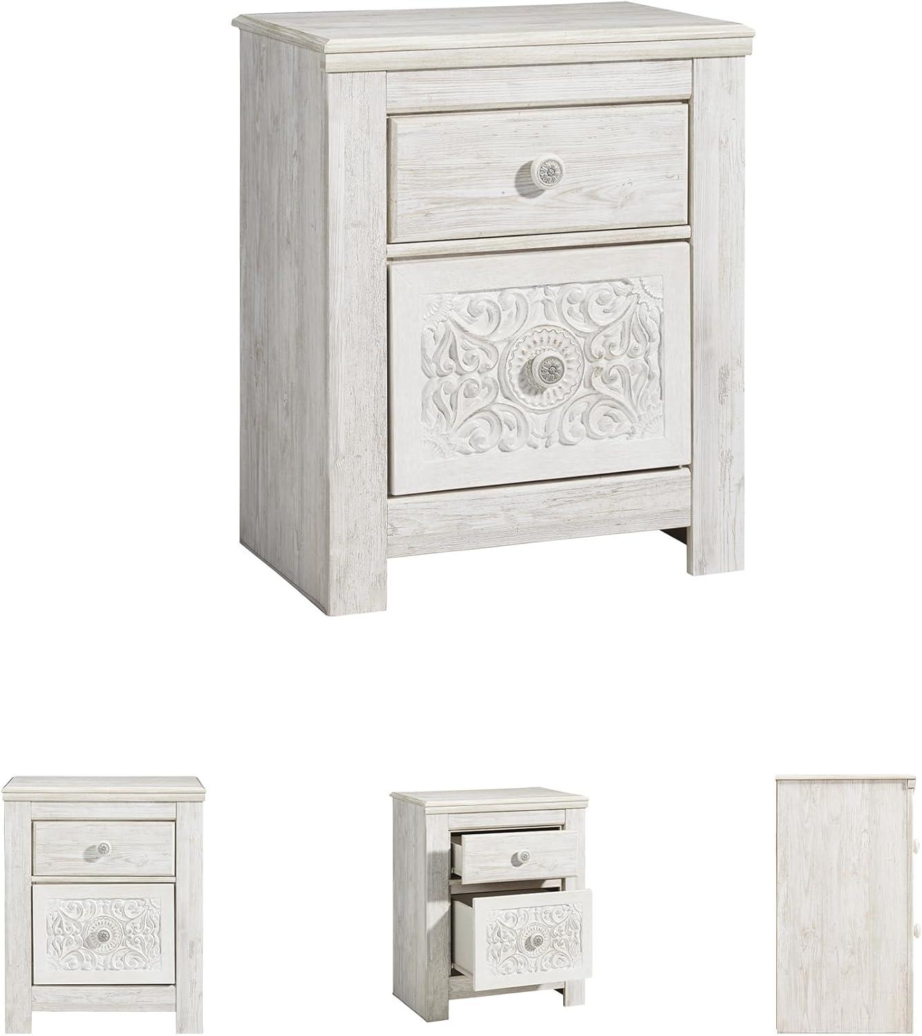 Paxberry Two Drawer Nightstand White Wash - Signature Design by Ashley: Traditional Style, USB Port, Storage Function