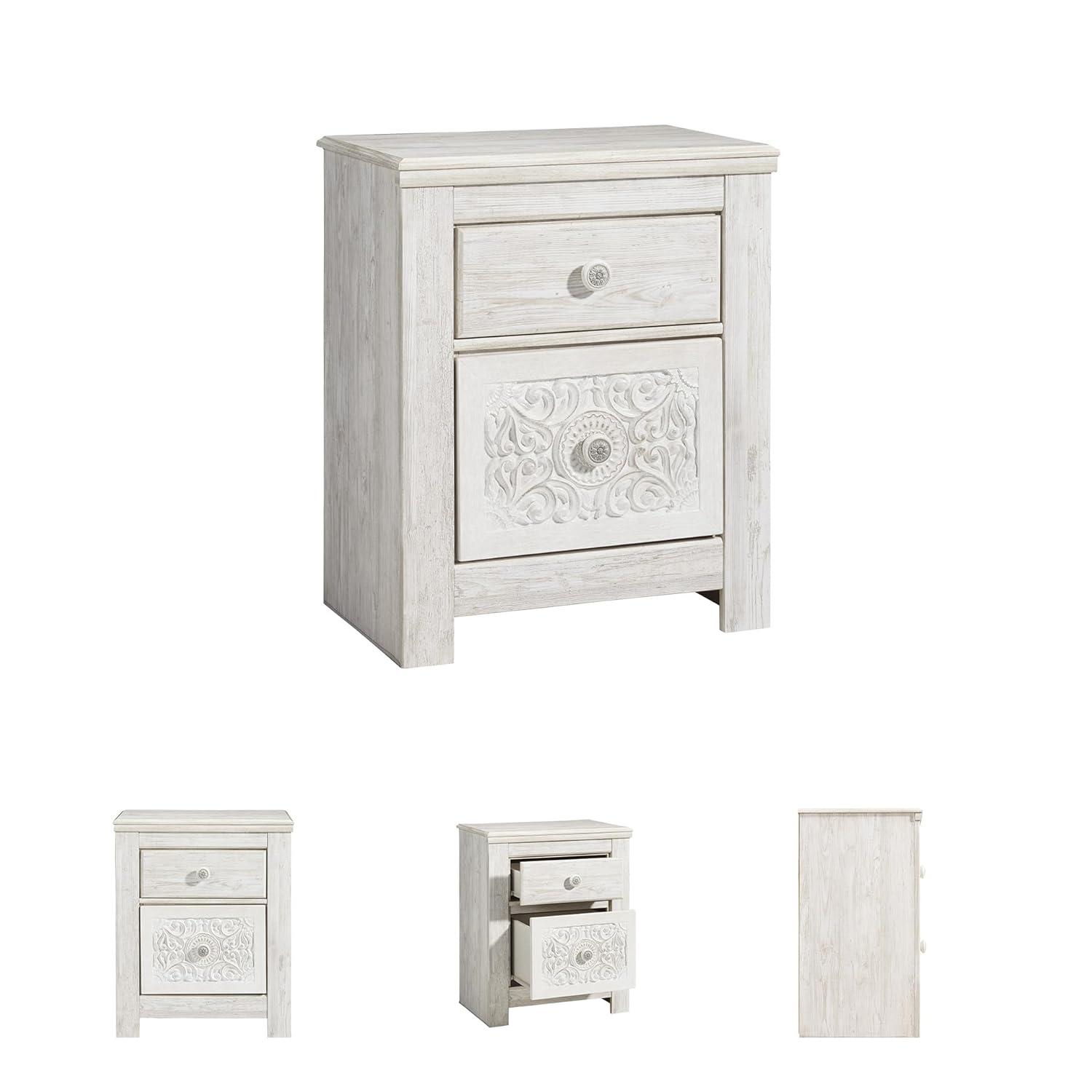 Paxberry Two Drawer Nightstand White Wash - Signature Design by Ashley: Traditional Style, USB Port, Storage Function