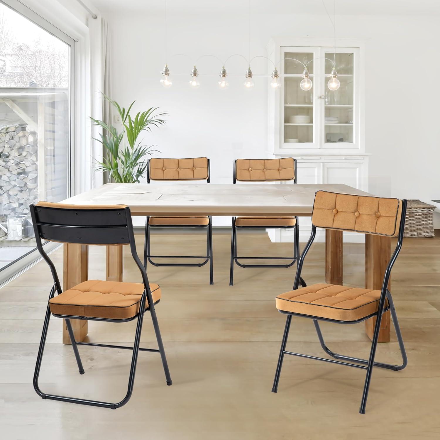 HOMEFUN Padded Folding Chairs 4 Pack - Foldable Dining Chair with Cushion, Portable and Assembled Extra Seat for Guests Kitchen Office Wedding Party Brown