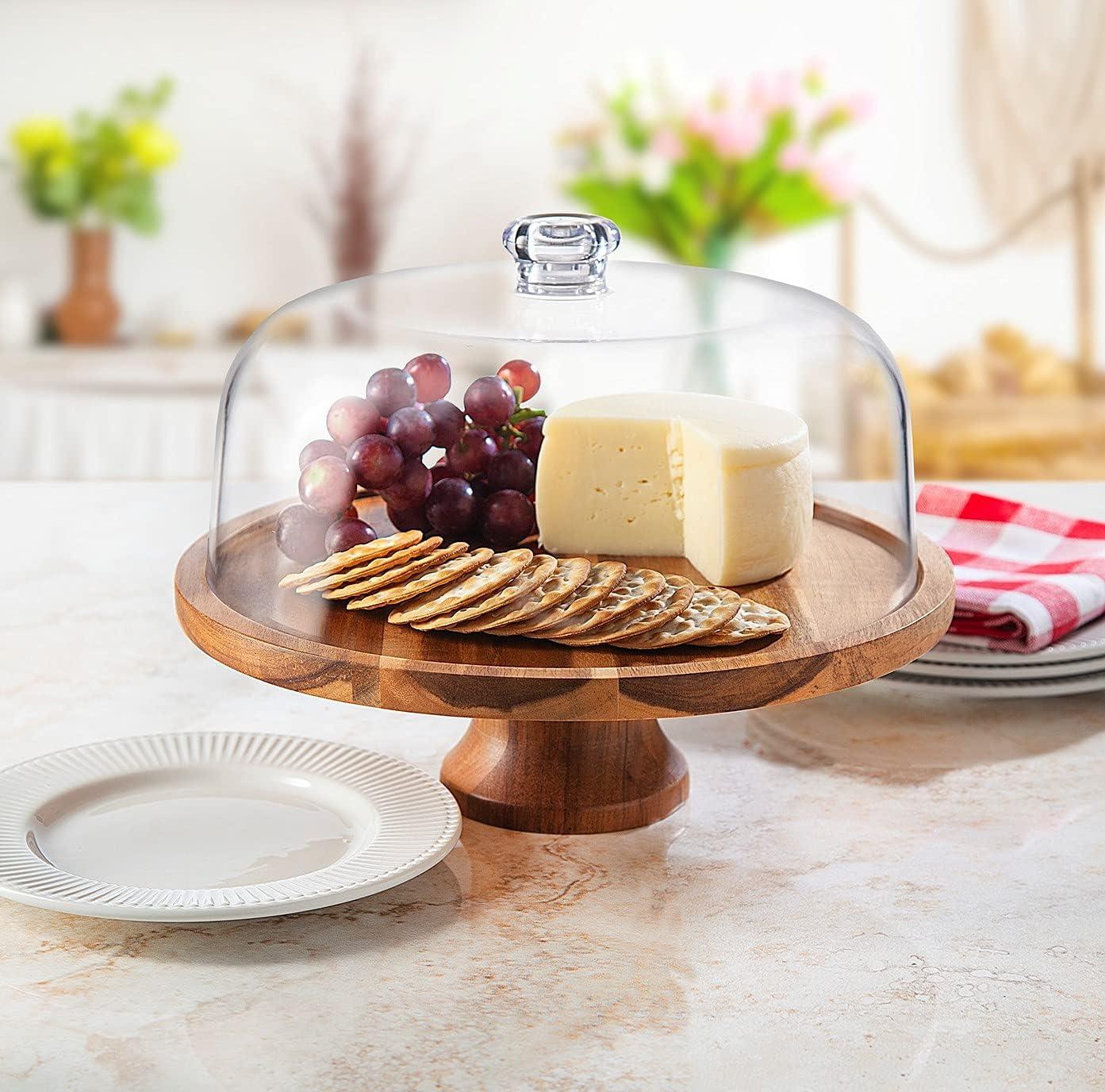 Acacia Wood Pedestal Cake Stand with Clear Dome