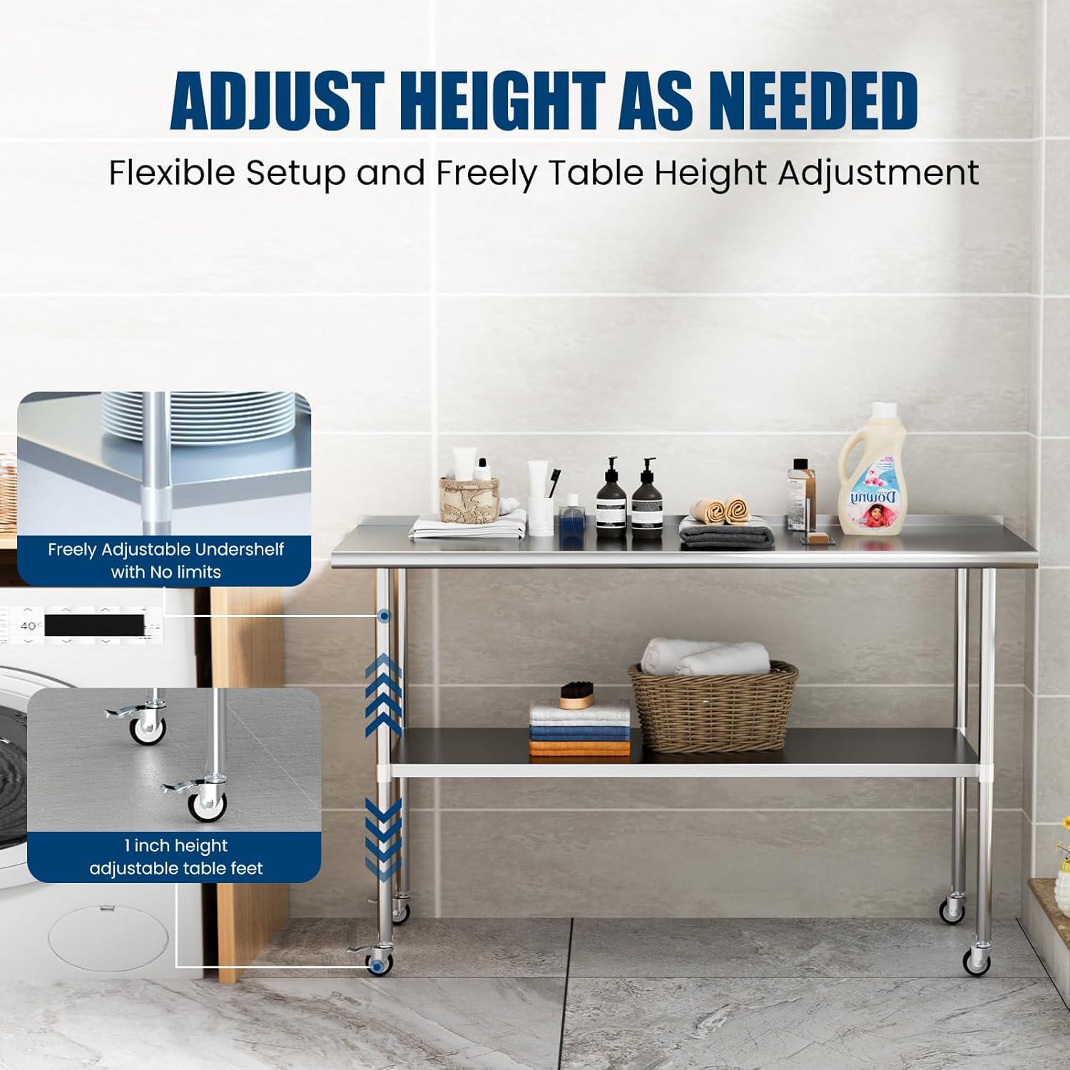 AmGood 60" Long x 24" Deep Stainless Steel Work Table With Open Base and Wheels | Mobile Metal Table