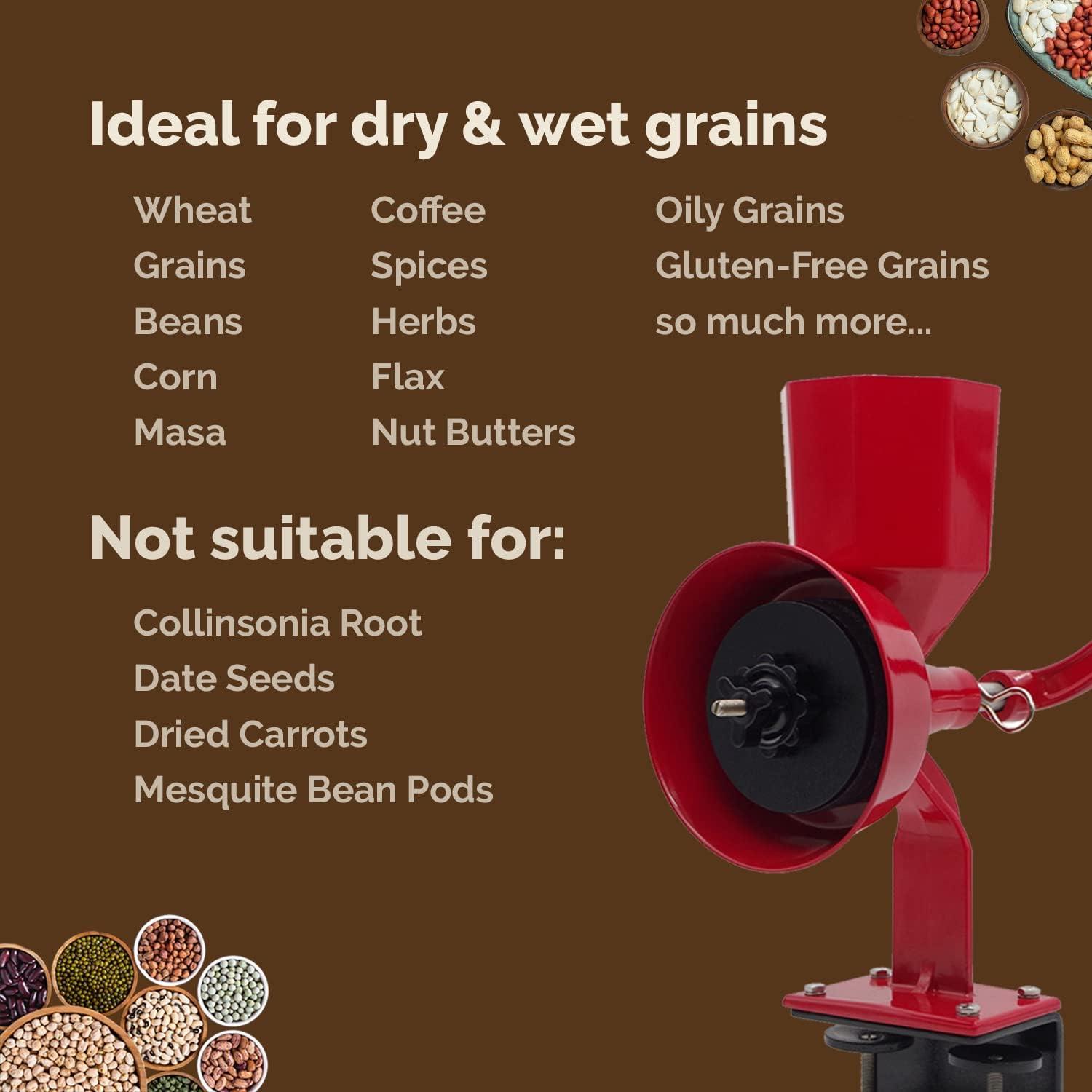 WONDERMILL Manual Hand Crank Grain Mill-Corn, flour mill grinder for home kitchen-Aircraft Aluminum. For Dry and Oily Grains - High Hopper, Spice, Wheat Stone Mill (Red).
