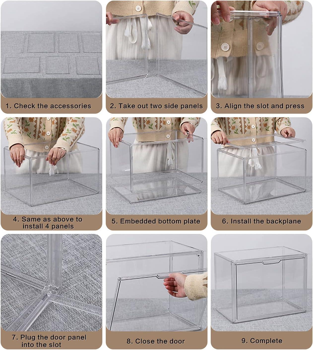 Clear Stackable Plastic Storage Bins with Magnetic Lid, Dustproof Book & Cosmetic Display Cases, Large Figures Collectibles Showcase, Shoe Box, Protection Organizer (Transparent, L-3 Pack)