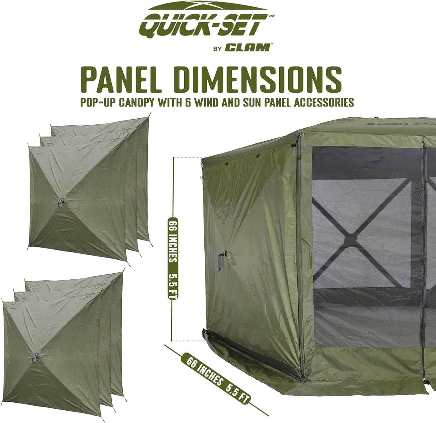 CLAM Quick-Set Escape 11.5 x 11.5 Ft Portable Pop-Up Outdoor Camping Screen Tent 6-Sided Canopy Shelter w/ Carry Bag & 6 Sun and Wind Panels, Green