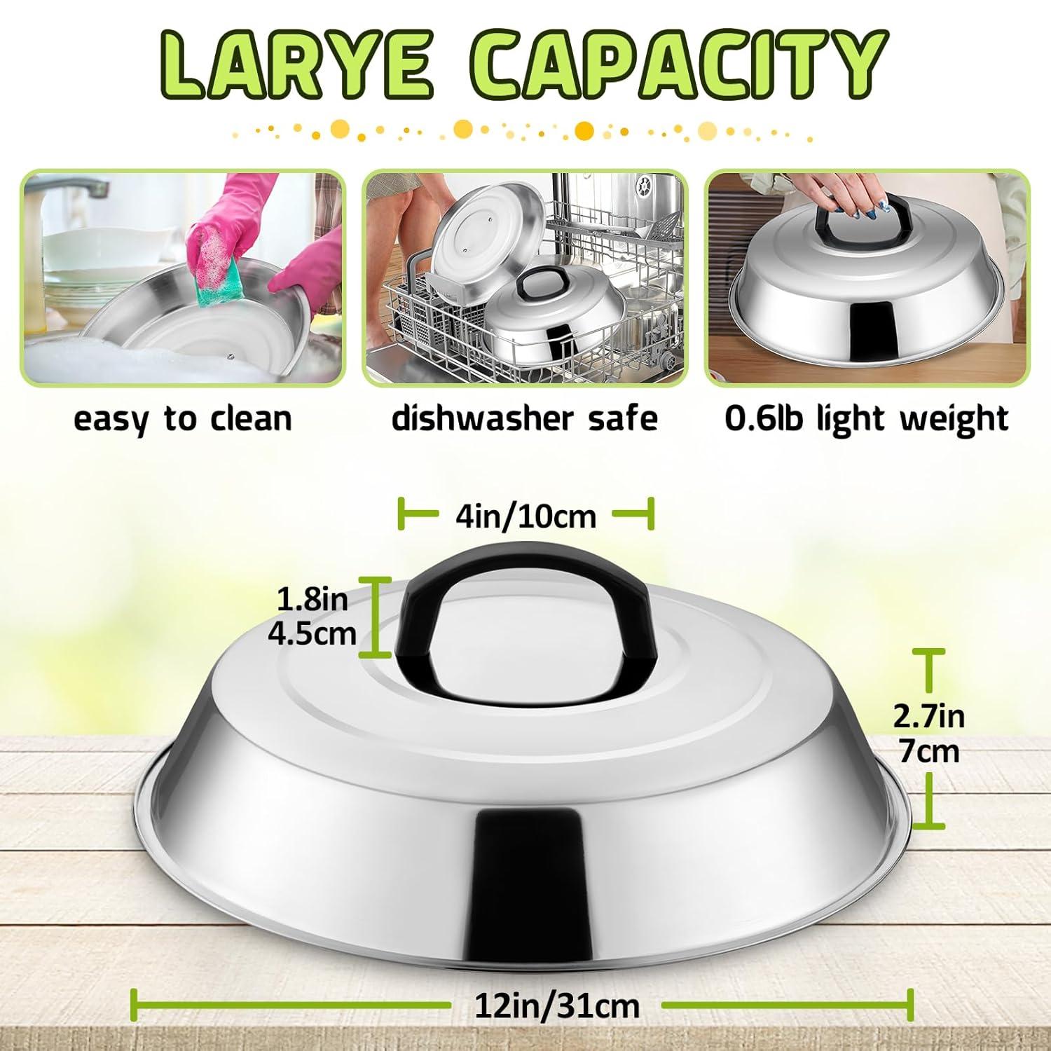 HaSteeL Cheese Melting Dome Set of 2, 12 Inch Round Basting Cover Metal Steam Cover, Stainless Steel Griddle Accessories for Flat Top Grill/Outdoor BBQ/Kitchen Cooking