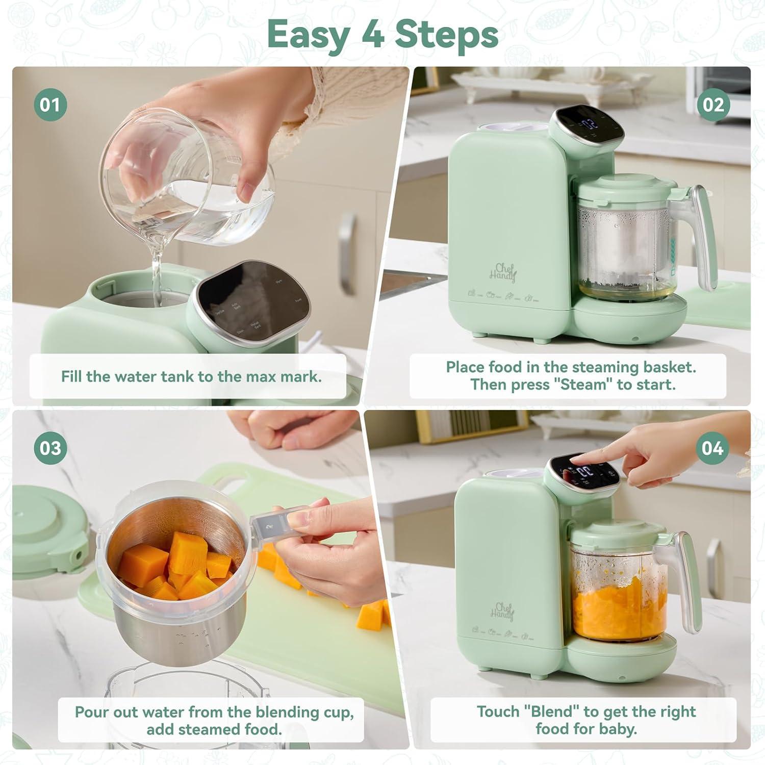 Chefhandy Baby Food Maker, 5 in 1 Baby Food Processor with Steaming Basket, Auto Cooking & Grinding, Touch Screen Control, Baby Steamer and Blender, Baby Food Puree Maker Warmer Mills Machine (Green)