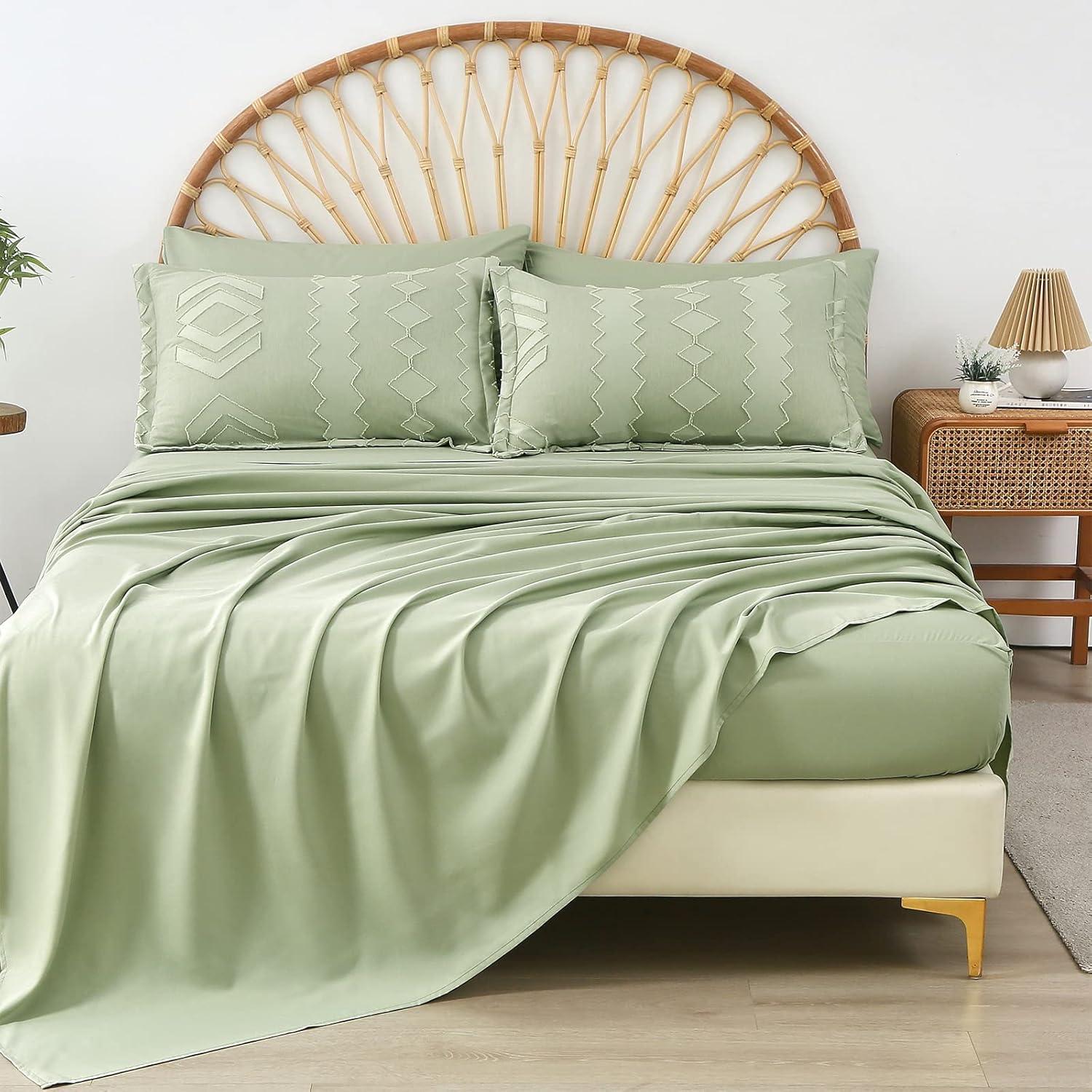 Sage Green Microfiber King Boho Comforter Set with Pom-Pom Accents