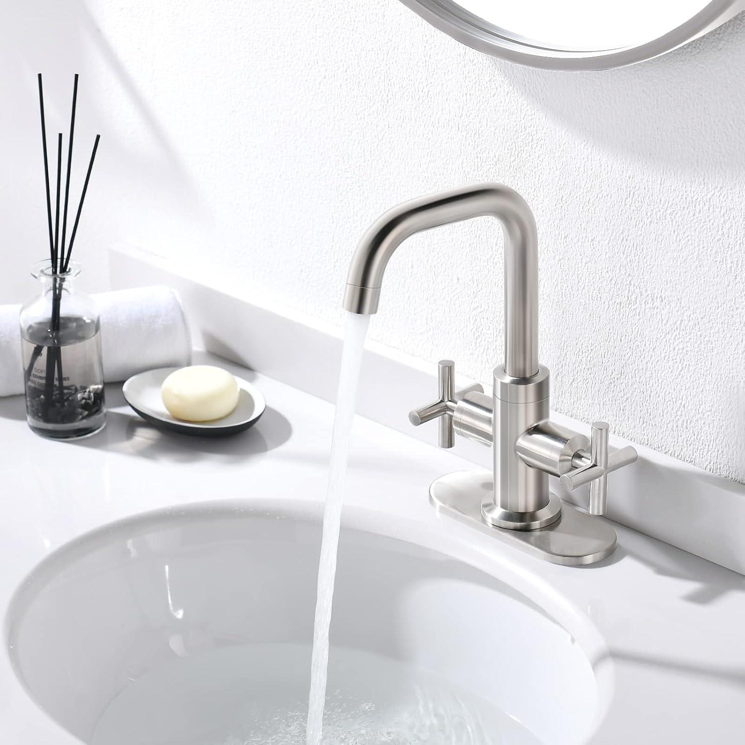 Brushed Nickel 4-Inch Centerset 2-Handle Bathroom Faucet with Drain