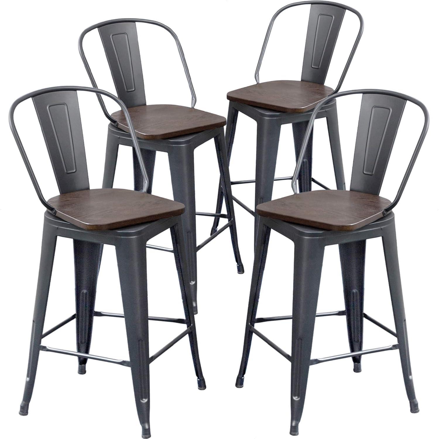 24" Black Metal and Wood Swivel Backless Bar Stools Set