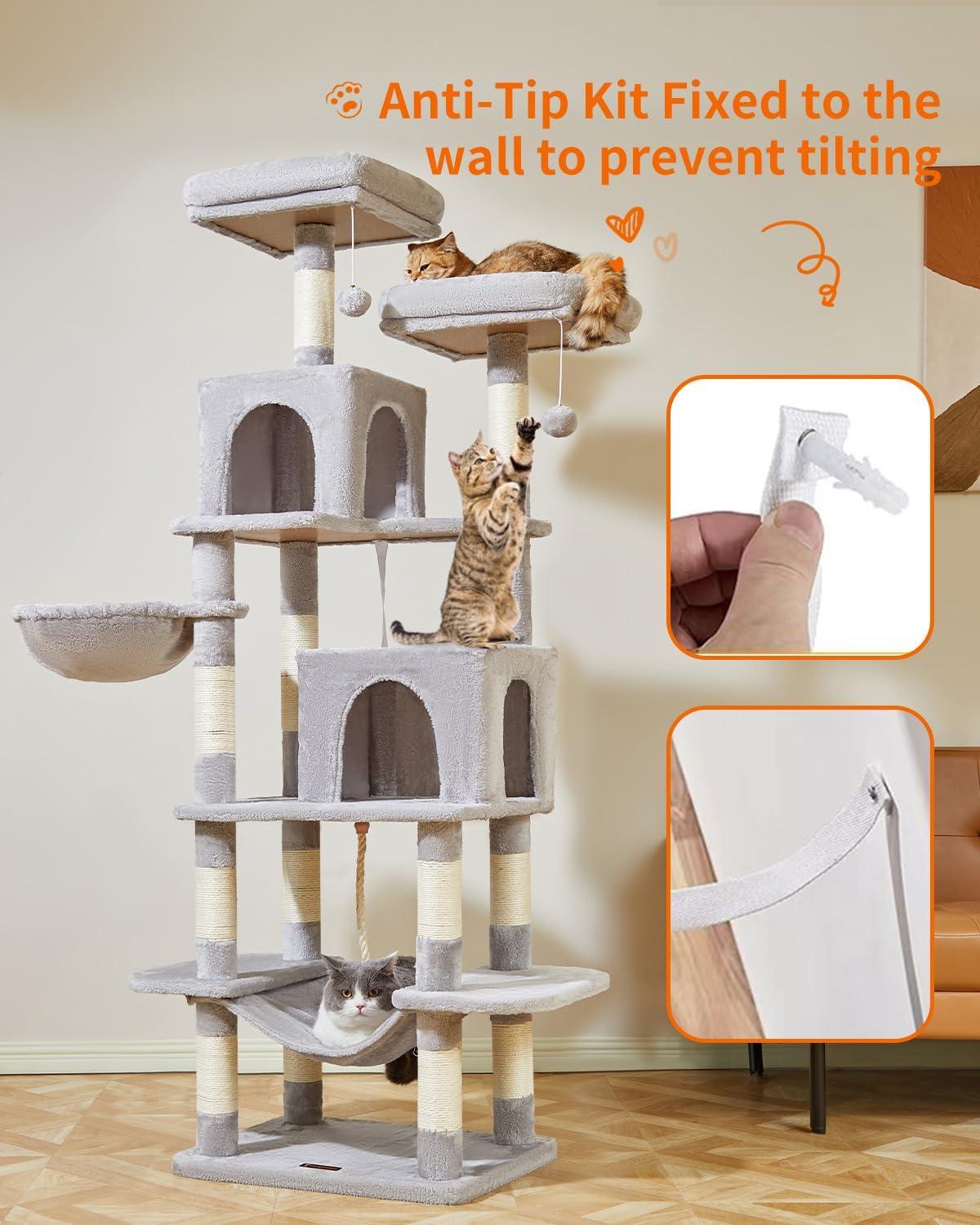 71" Indoor Tall Large Cat Tree Multi-Level Cat House With 2 Big Condo Pad Bed, Cozy Hammock And Scratching Posts