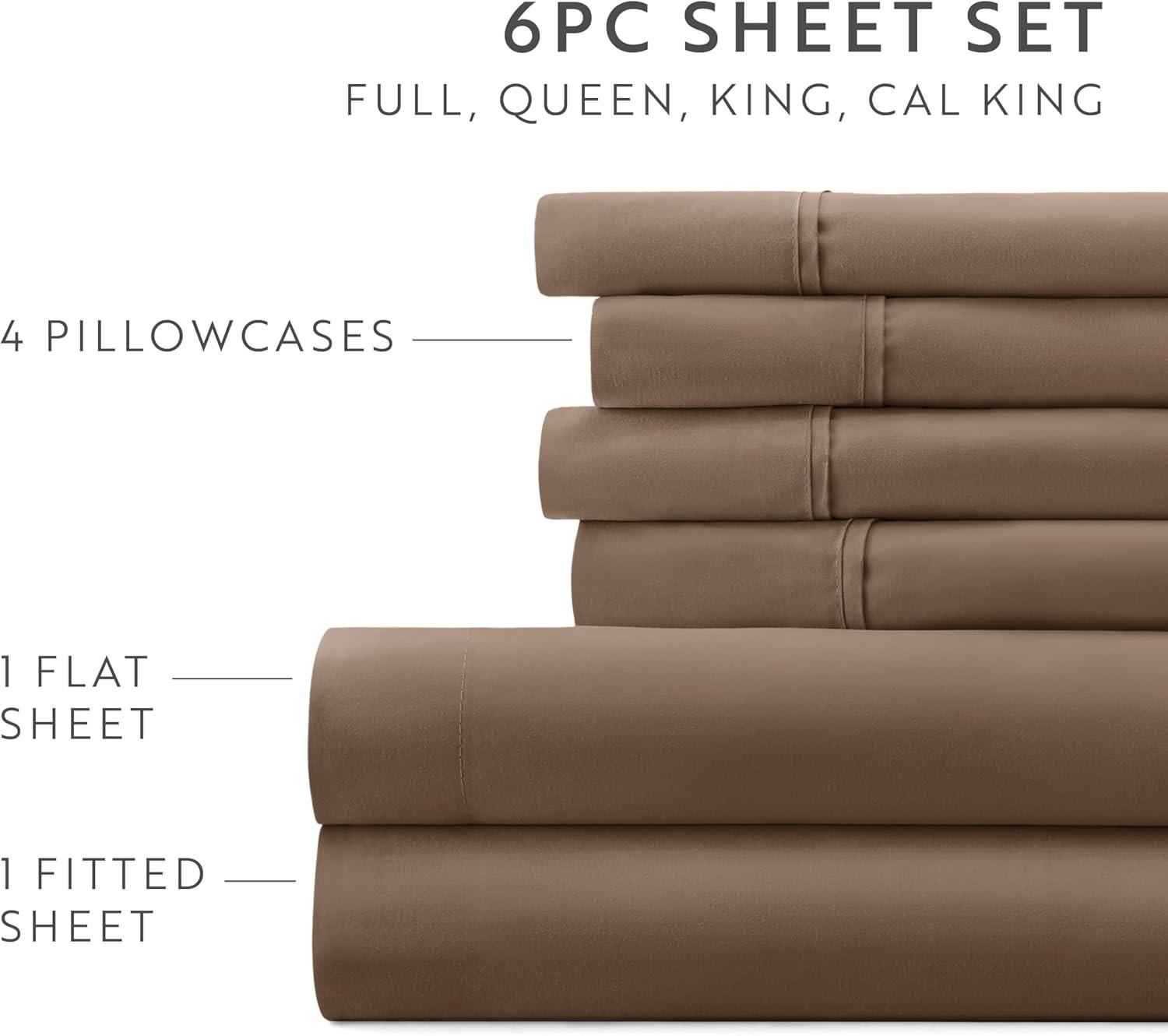 Twin Extra Long, Taupe Solid Microfiber 6 Piece Bed Sheet Set, by Noble Linens
