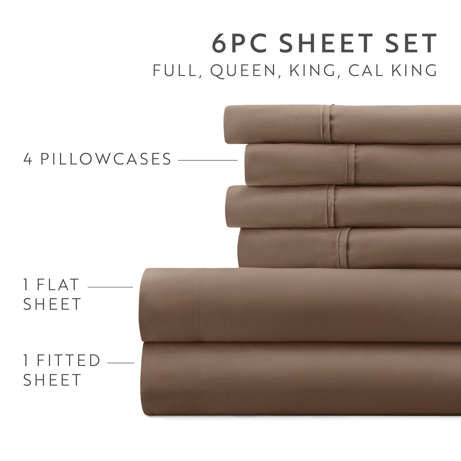 Twin, Taupe Solid Microfiber 6 Piece Bed Sheet Set, by Noble Linens
