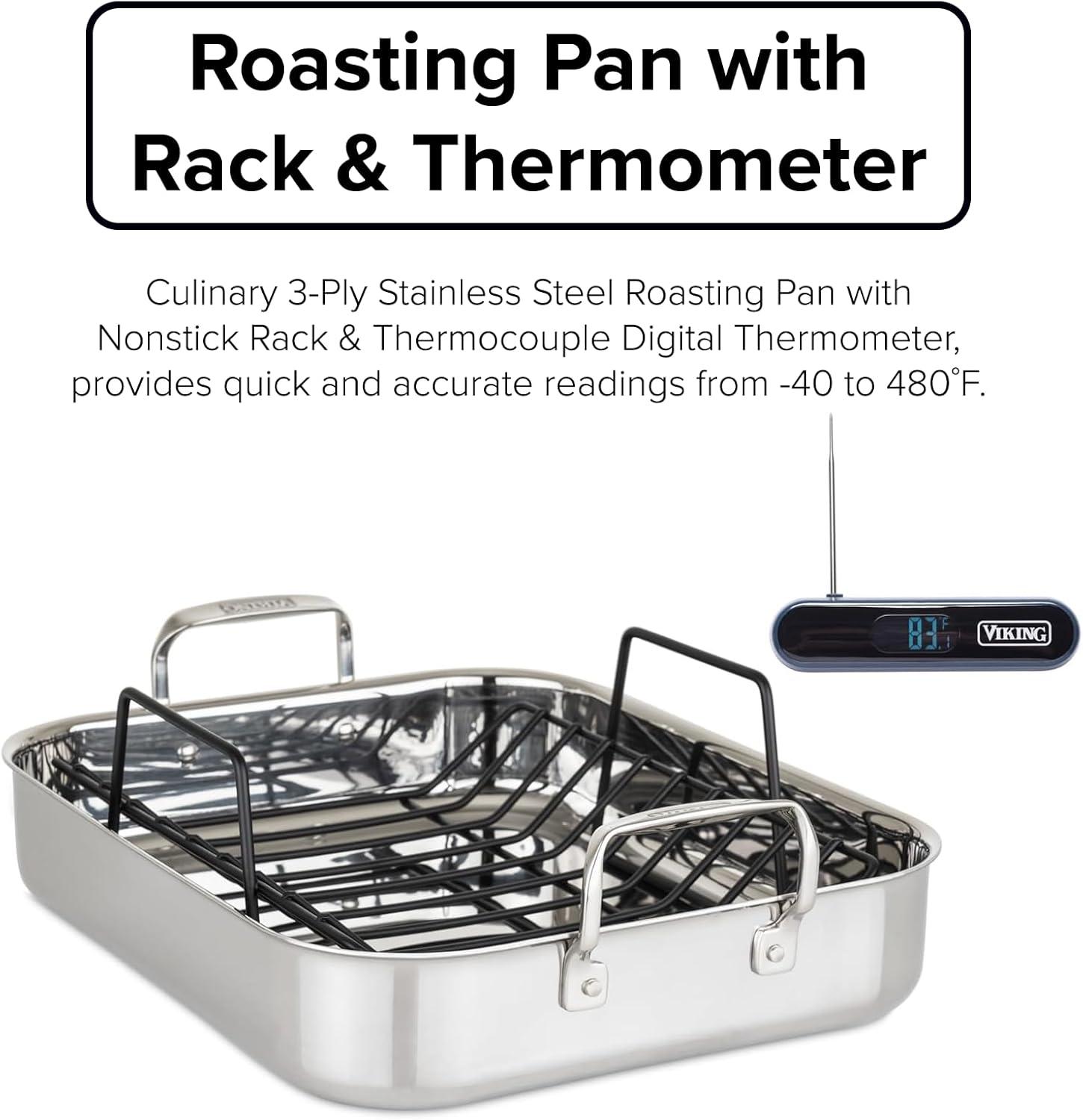 Viking 3 Ply Stainless Steel Roasting Pan with Rack and Thermometer Set