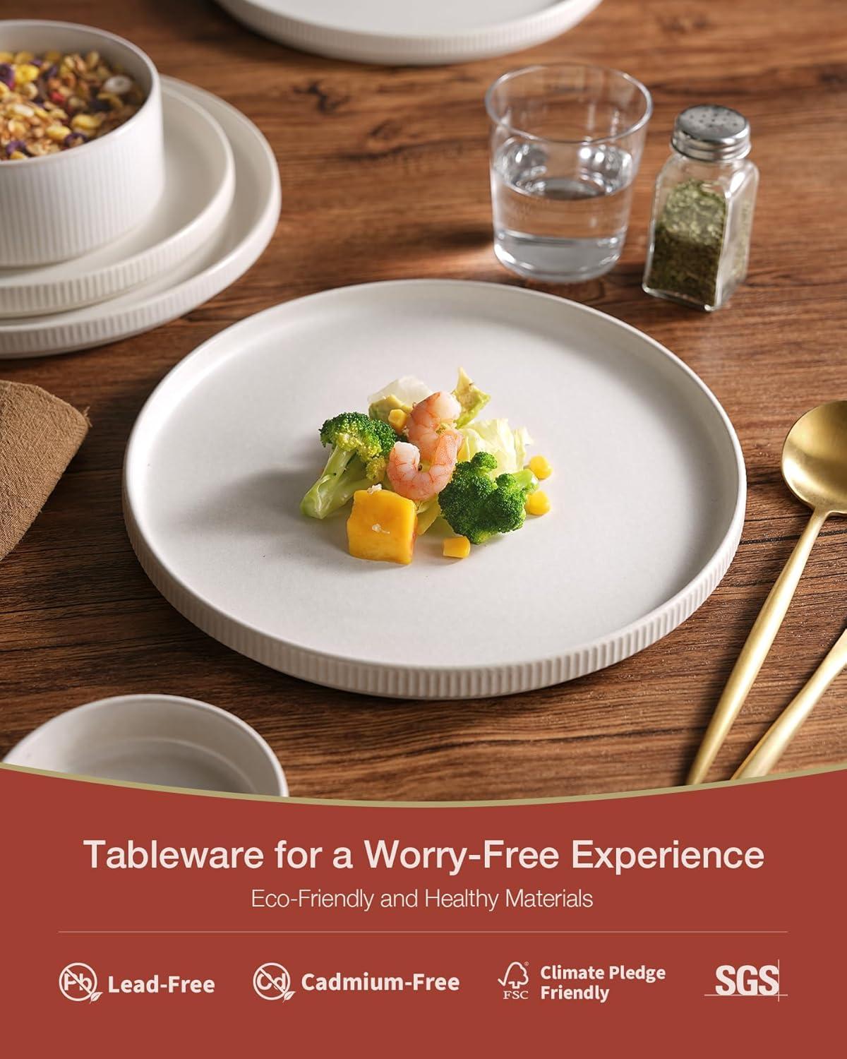 Famiware Star Stoneware Dinnerware Sets, Plates and Bowls Set for 4, 12 Piece Dish Set, Matte White