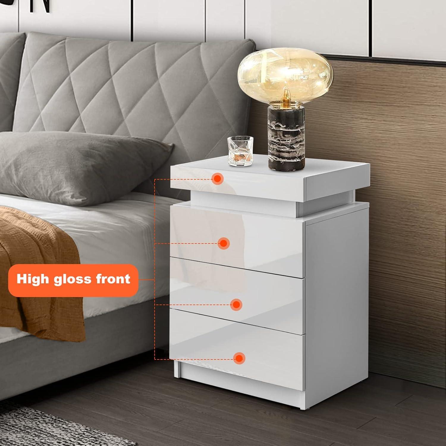 White High Gloss 3-Drawer Nightstand with LED Lights