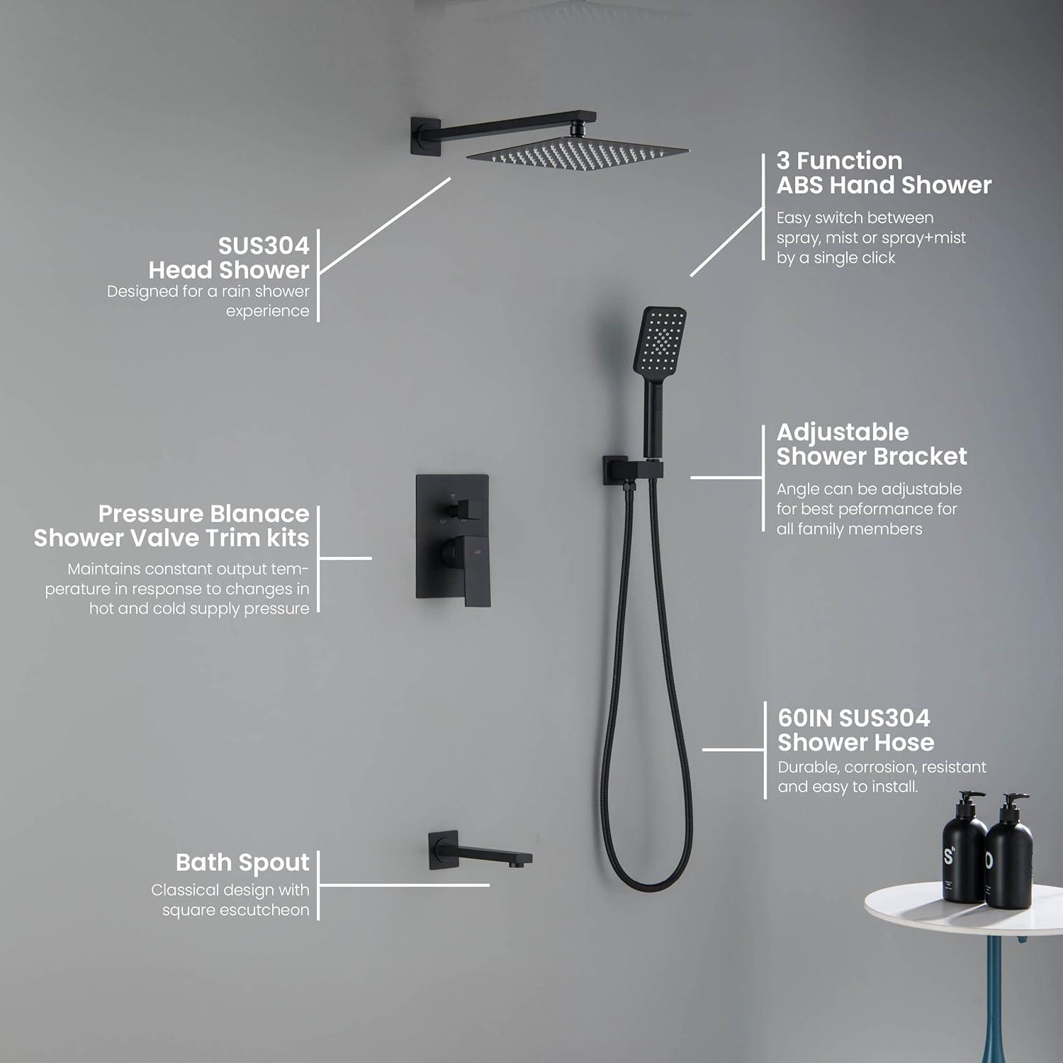 Matte Black Brass 3-Function Wall Mounted Shower System