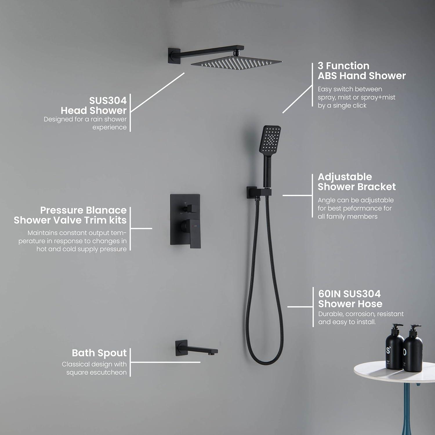 Kibi USA Cube Pressure Balanced 3-Function Shower System with Rough-In Valve Matte Black Matte