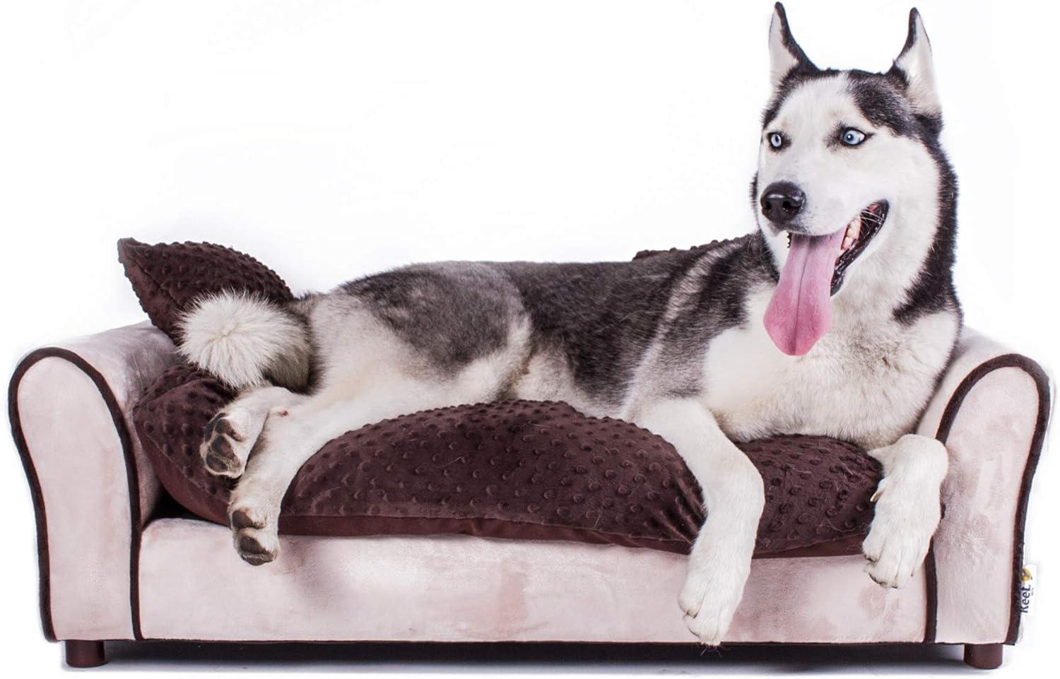 Khaki and Brown Large Minky Upholstered Dog Sofa Bed