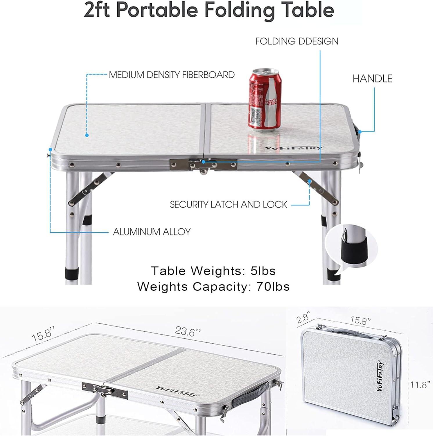 Small Folding Table with Mesh Layer, 3 Adjustable Heights Aluminum Lightweight Portable Folding Table with Extension Legs, Camping Table for RV, Picnic and Indoor
