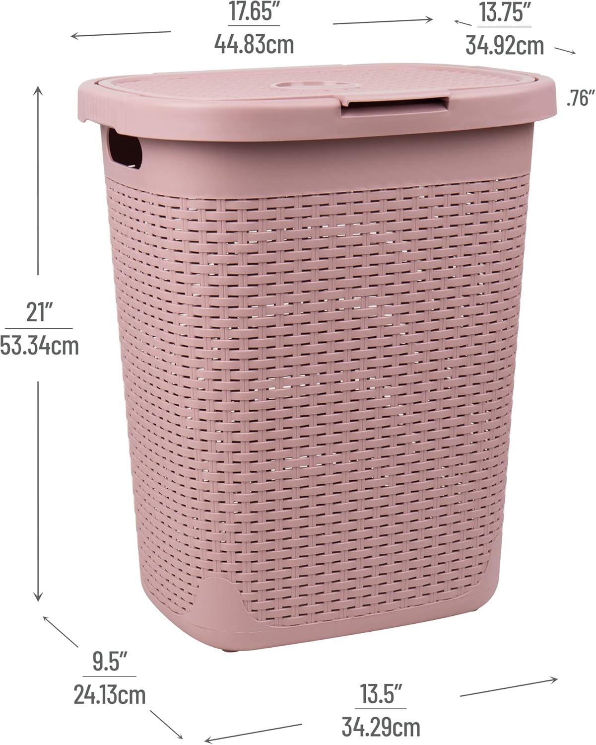 Pink Wicker Upright Laundry Hamper with Lid