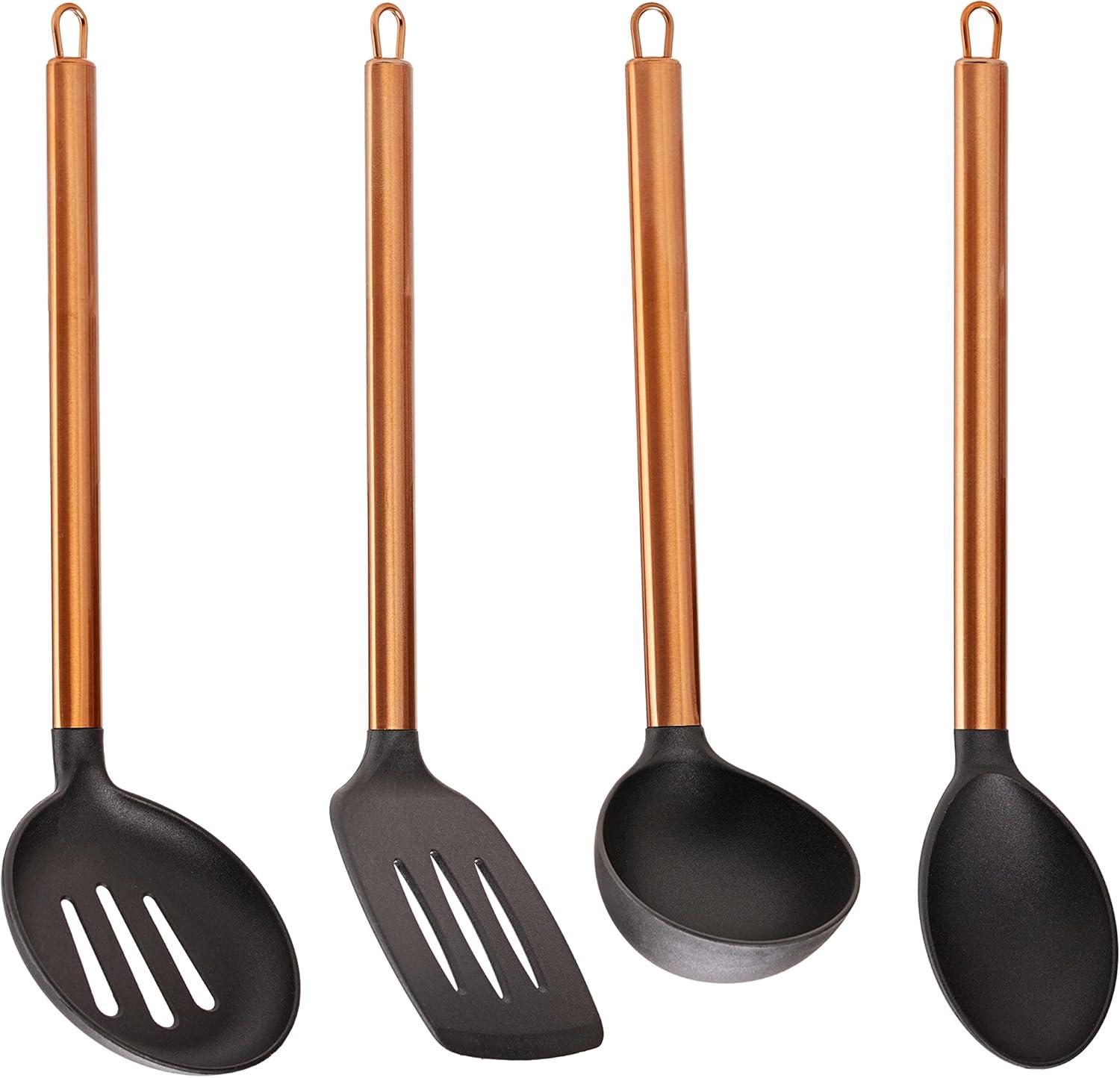 Servappetit 5 Pc Cooking Utensil Set - Slotted Spatula, Oval Spoon, Round Spoon with Holder - Heat Resistant, Non-Stick - Copper