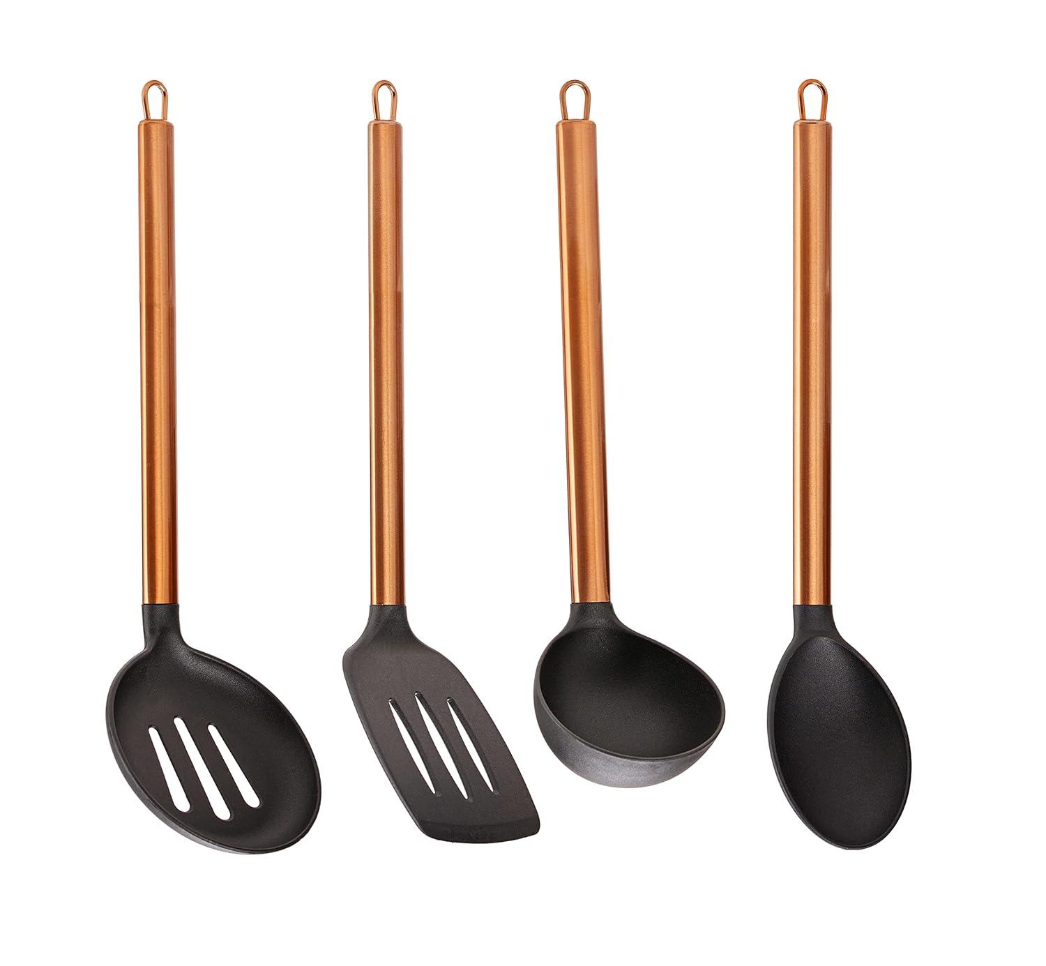 Servappetit 5 Pc Cooking Utensil Set - Slotted Spatula, Oval Spoon, Round Spoon with Holder - Heat Resistant, Non-Stick - Copper