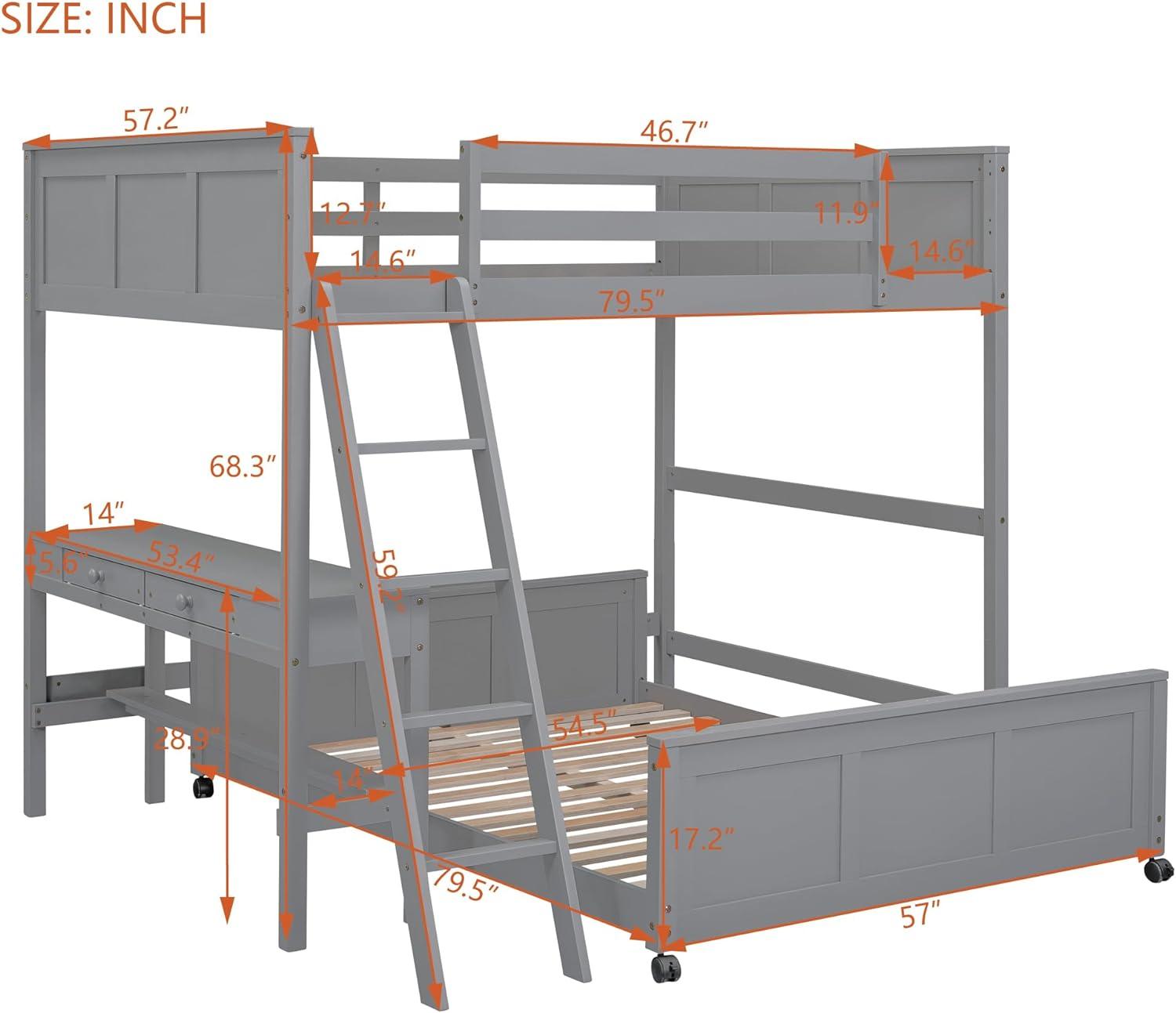 Gray Full Over Full Pine Wood Bunk Bed with Desk and Drawers