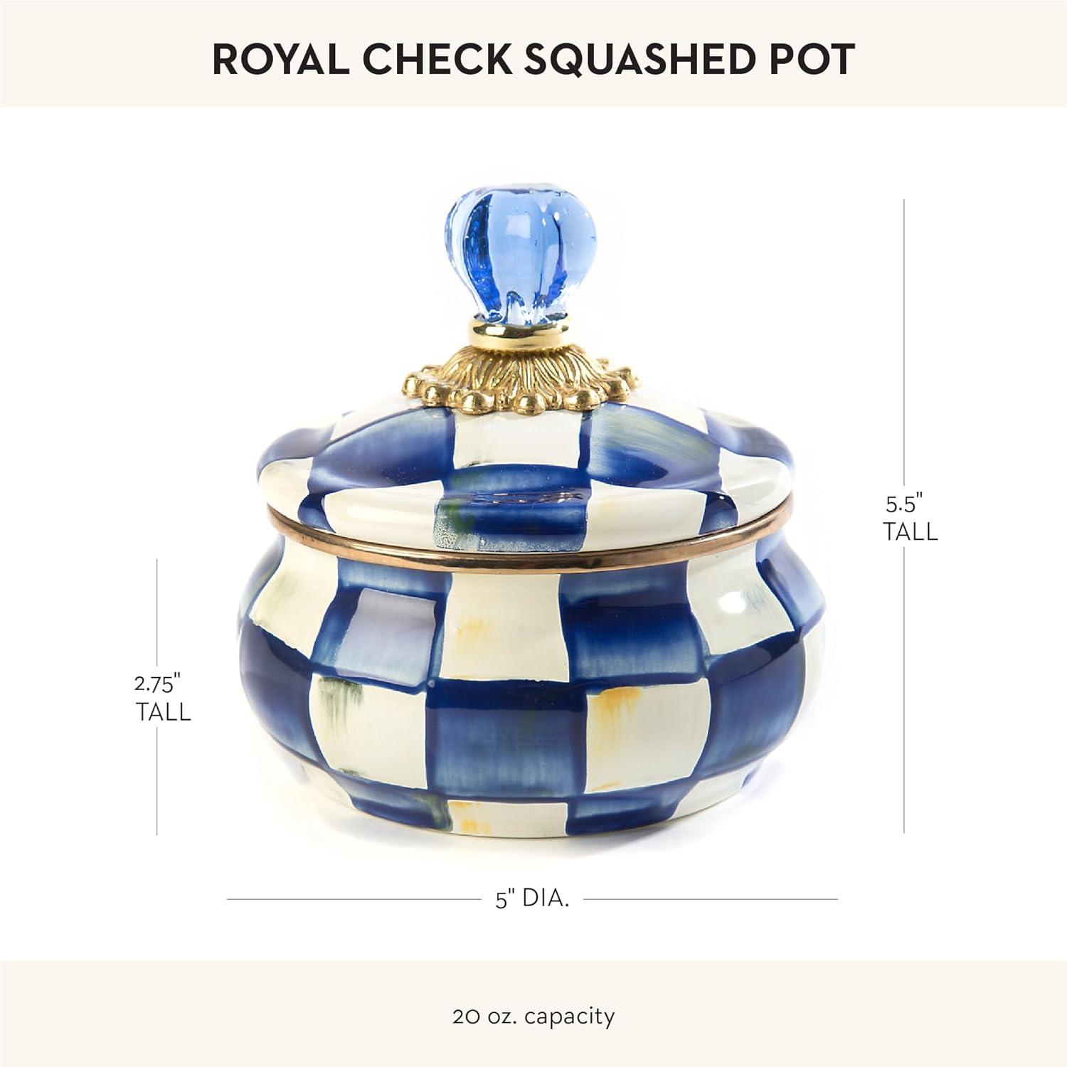 Royal Blue Check Enamel Squashed Pot with Glass Knob, 20 oz