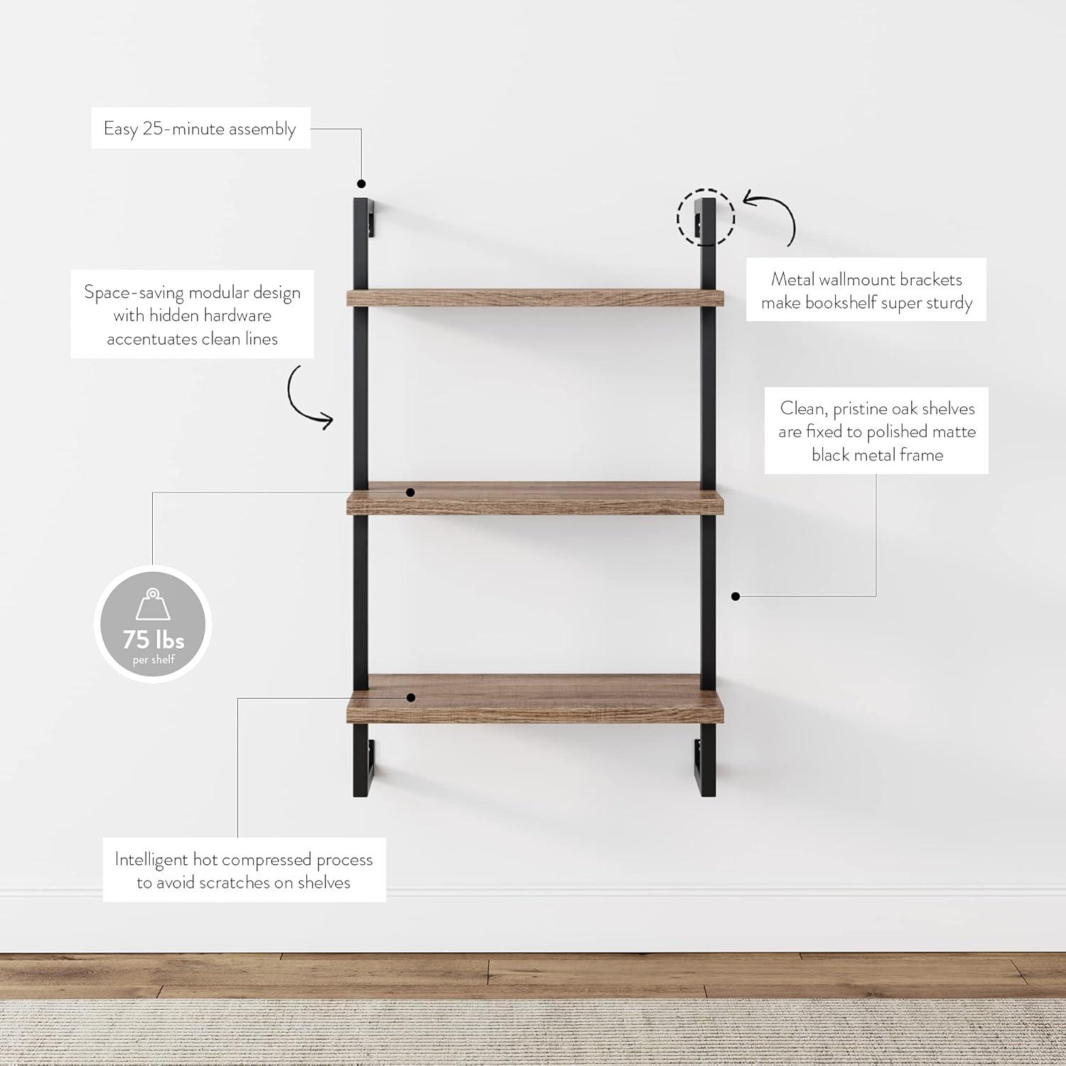 Theo 3-Shelf Rustic Oak and Black Industrial Bookcase